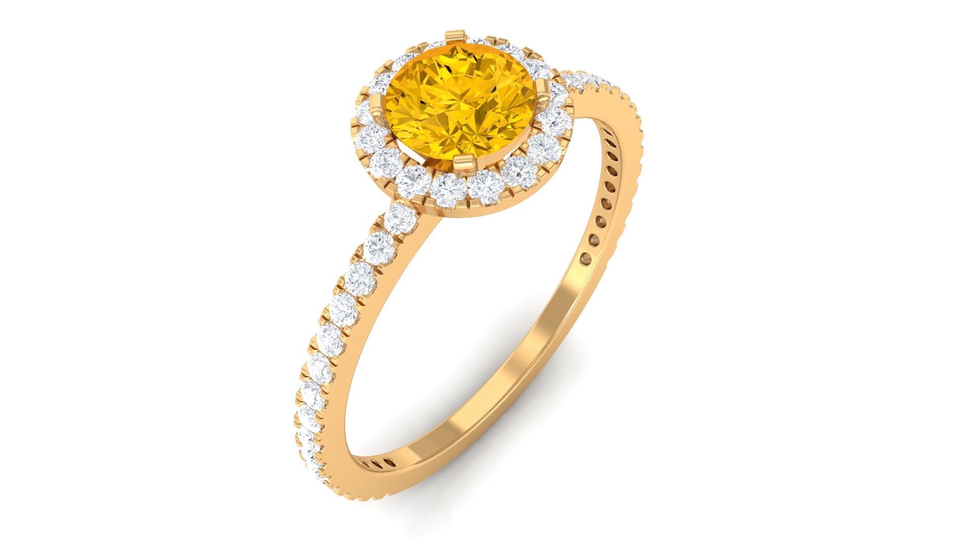 Round Shape Yellow Sapphire Halo Engagement Ring with Diamond Yellow Sapphire - ( AAA ) - Quality - Rosec Jewels