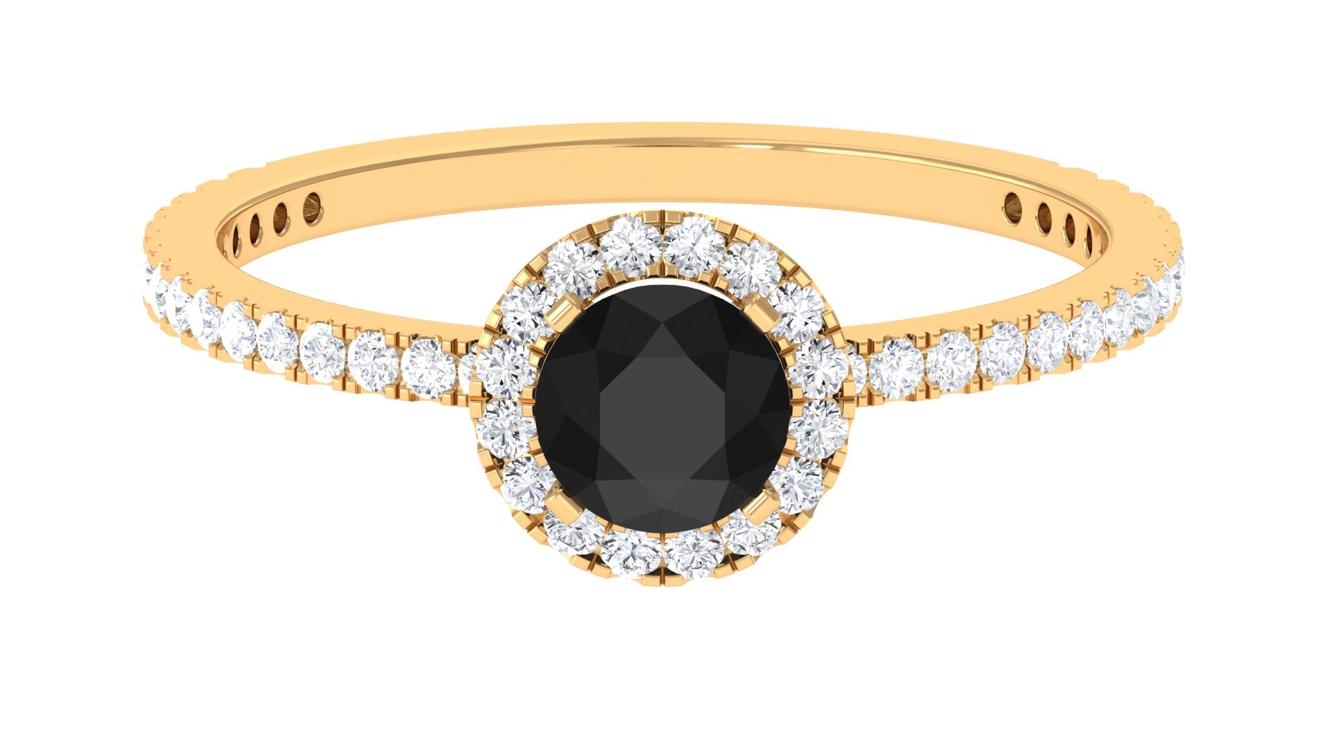 Round Black Spinel Halo Engagement Ring with Diamond Black Spinel - ( AAA ) - Quality - Rosec Jewels