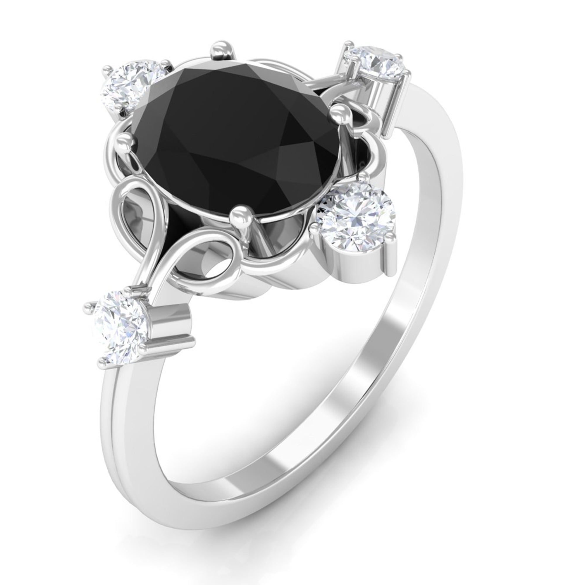 Oval Cut Solitaire Created Black Diamond Engagement Ring with Diamond Lab Created Black Diamond - ( AAAA ) - Quality - Rosec Jewels