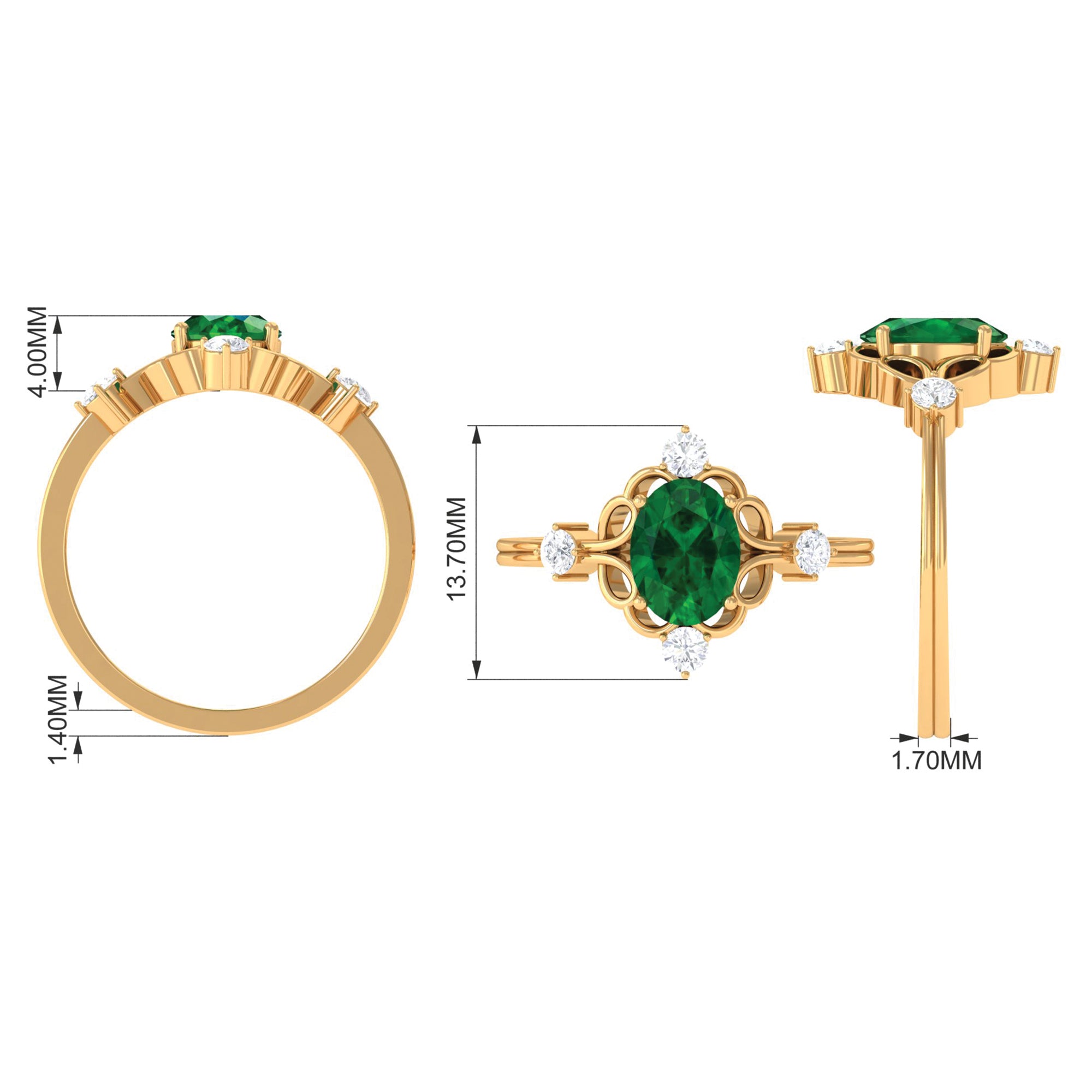 Oval Cut Solitaire Created Emerald Engagement Ring with Diamond Lab Created Emerald - ( AAAA ) - Quality - Rosec Jewels