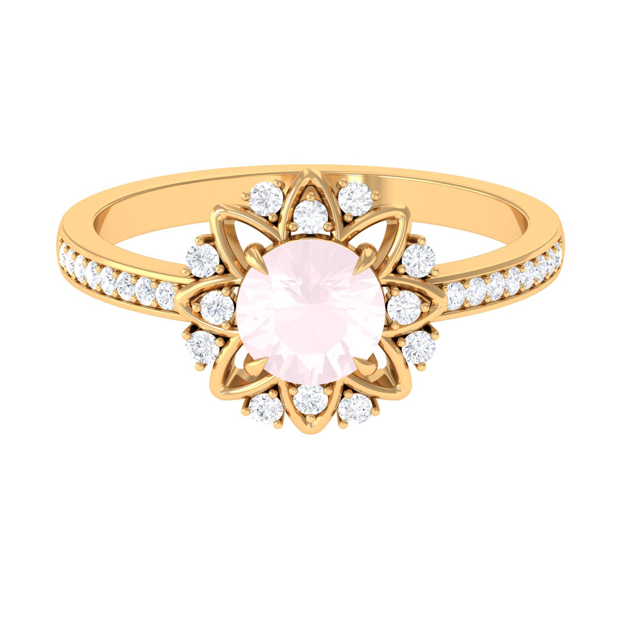 Round Rose Quartz and Diamond Flower Engagement Ring Rose Quartz - ( AAA ) - Quality - Rosec Jewels