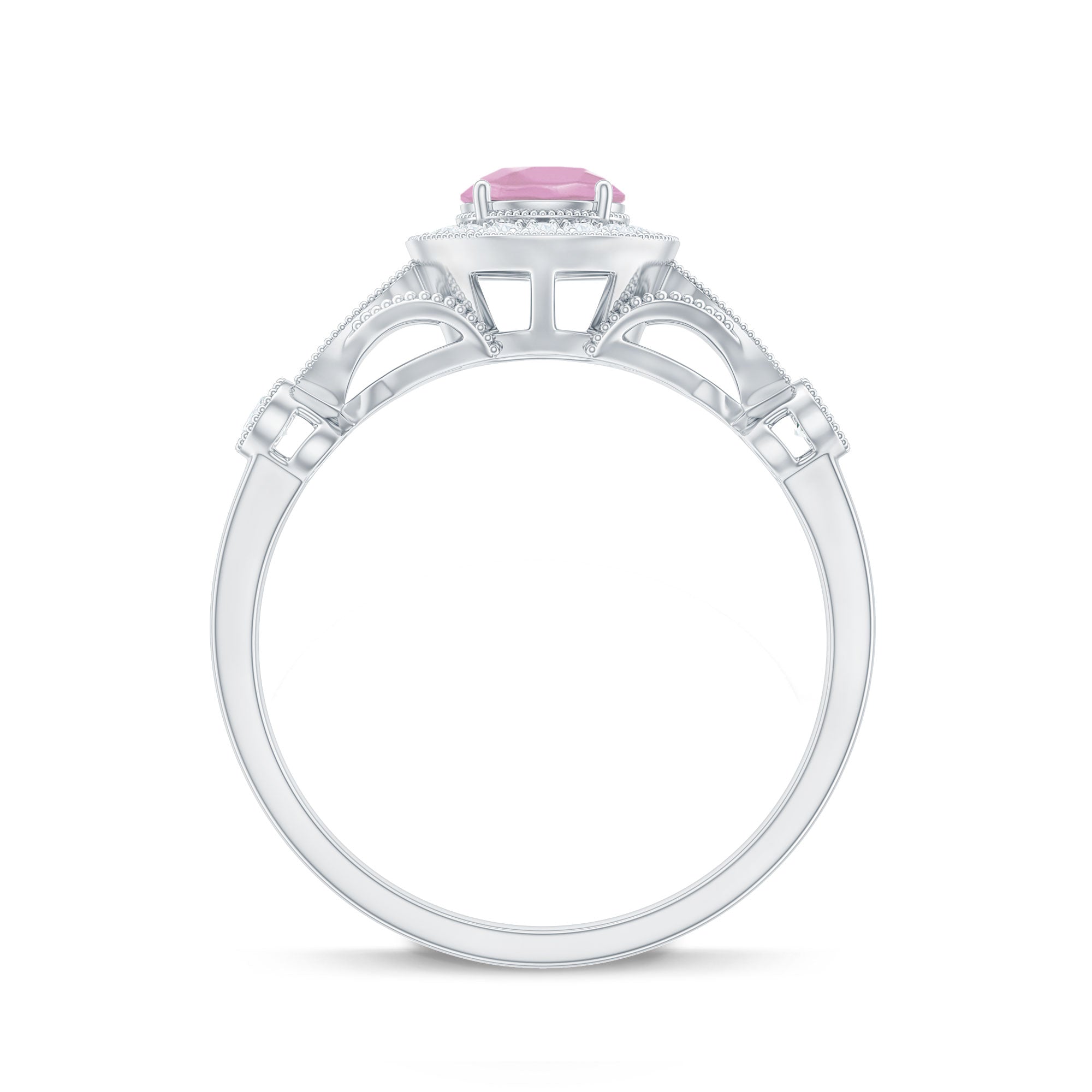 Rose Quartz and Diamond Antique Style Engagement Ring Rose Quartz - ( AAA ) - Quality - Rosec Jewels