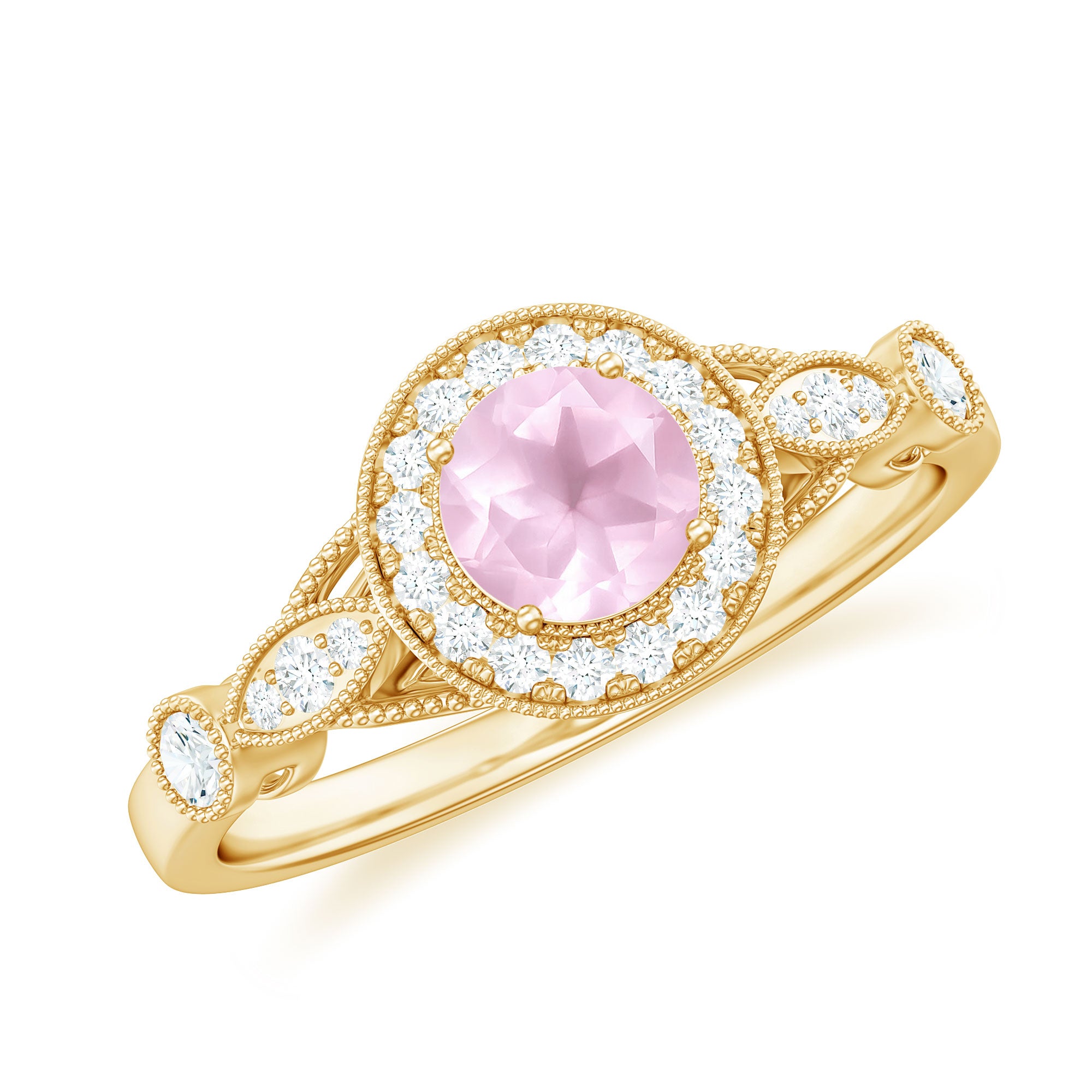 Rose Quartz and Diamond Antique Style Engagement Ring Rose Quartz - ( AAA ) - Quality - Rosec Jewels