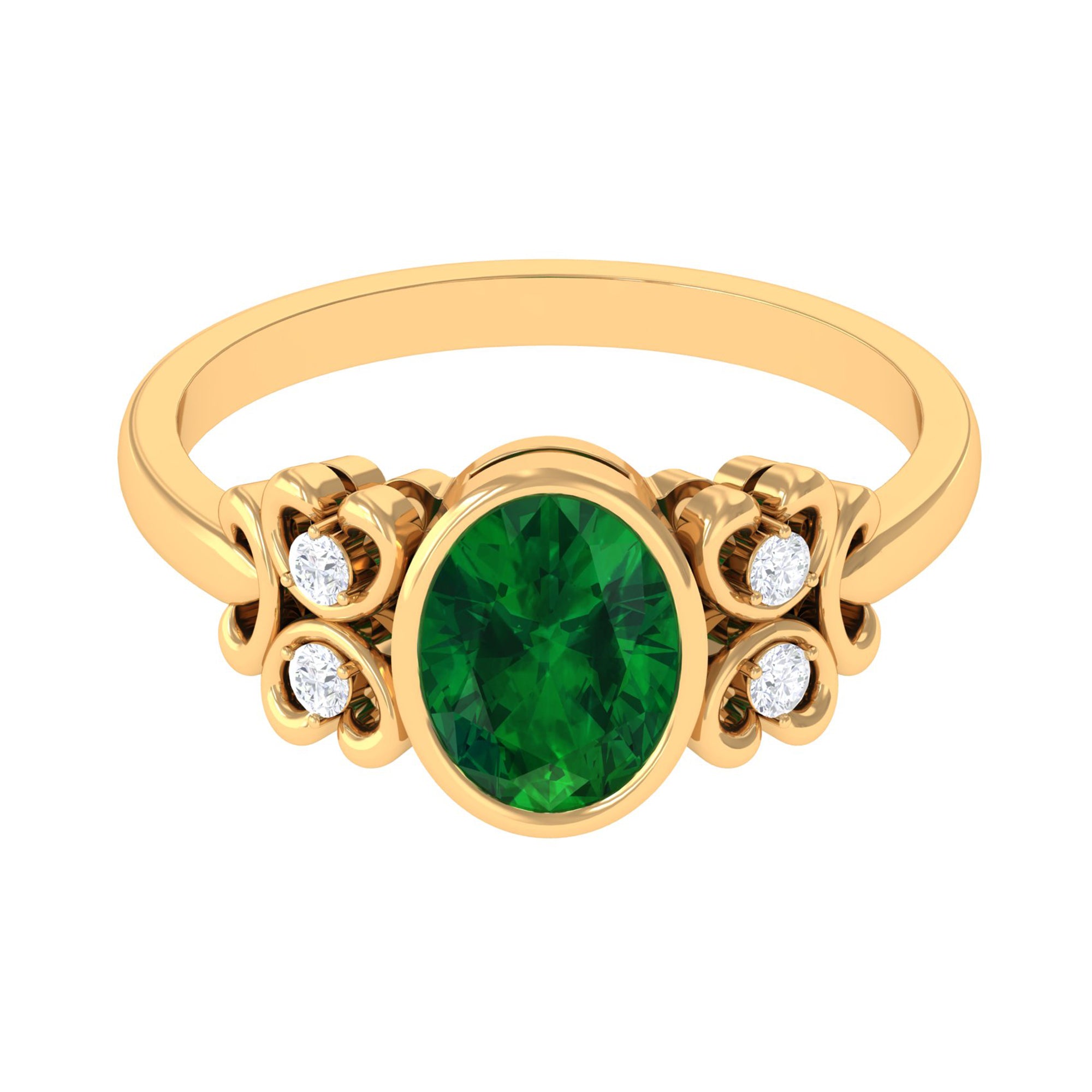 Bezel Set Oval Created Emerald Statement Engagement Ring with Diamond Lab Created Emerald - ( AAAA ) - Quality - Rosec Jewels