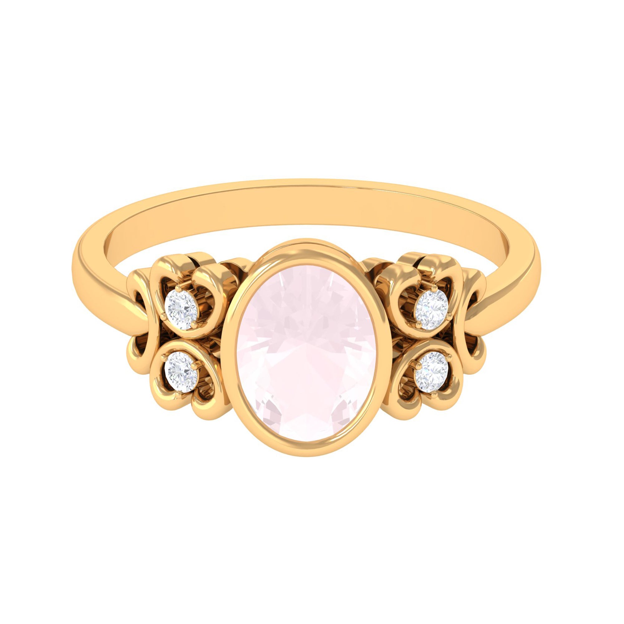 Bezel Set Oval Rose Quartz Statement Engagement Ring with Diamond Rose Quartz - ( AAA ) - Quality - Rosec Jewels