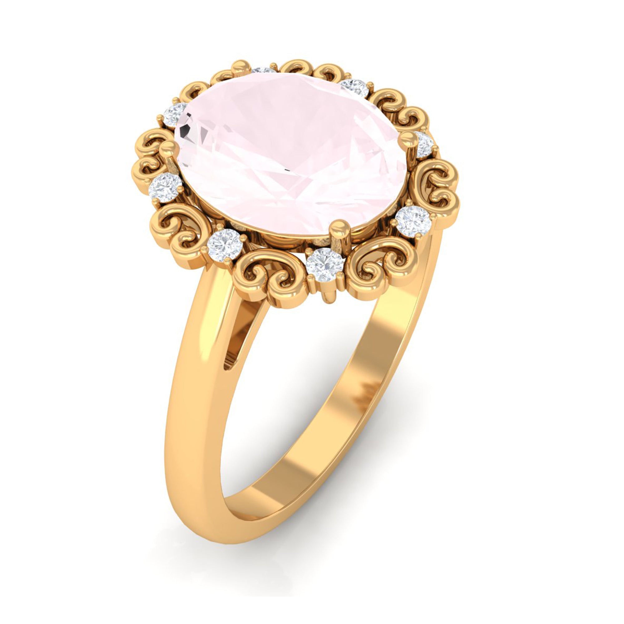 Vintage Inspired Oval Rose Quartz and Diamond Engagement Ring Rose Quartz - ( AAA ) - Quality - Rosec Jewels