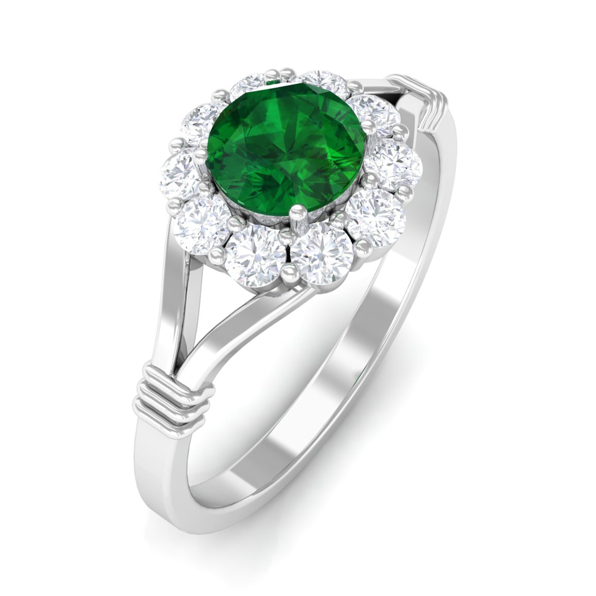 1 CT Round Created Emerald Flower Ring with Diamond Halo in Split Shank Lab Created Emerald - ( AAAA ) - Quality - Rosec Jewels