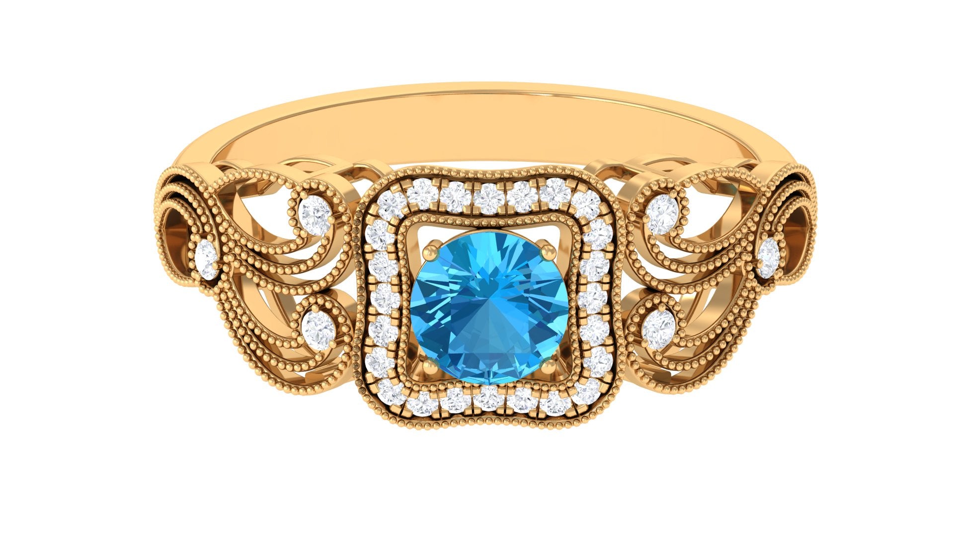 Swiss Blue Topaz Vintage Style Engagement Ring with Diamond Swiss Blue Topaz - ( AAA ) - Quality - Rosec Jewels