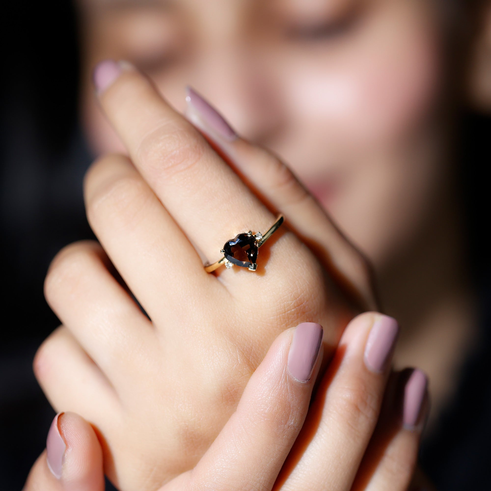 Heart Shape Smoky Quartz Solitaire Promise Ring with Diamond Smoky Quartz - ( AAA ) - Quality - Rosec Jewels