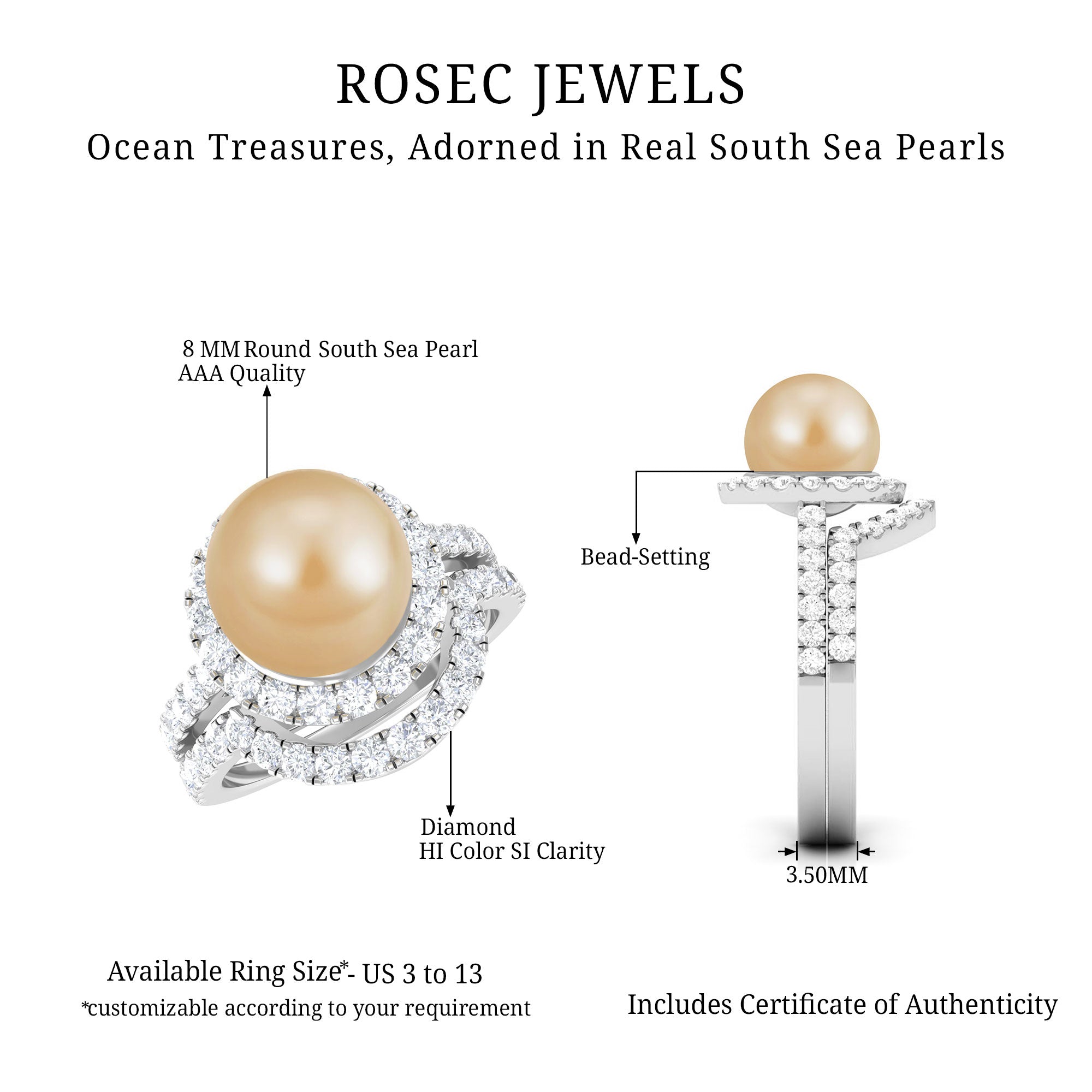 South Sea Pearl and Diamond Halo Wedding Ring Set South Sea Pearl - ( AAA ) - Quality - Rosec Jewels