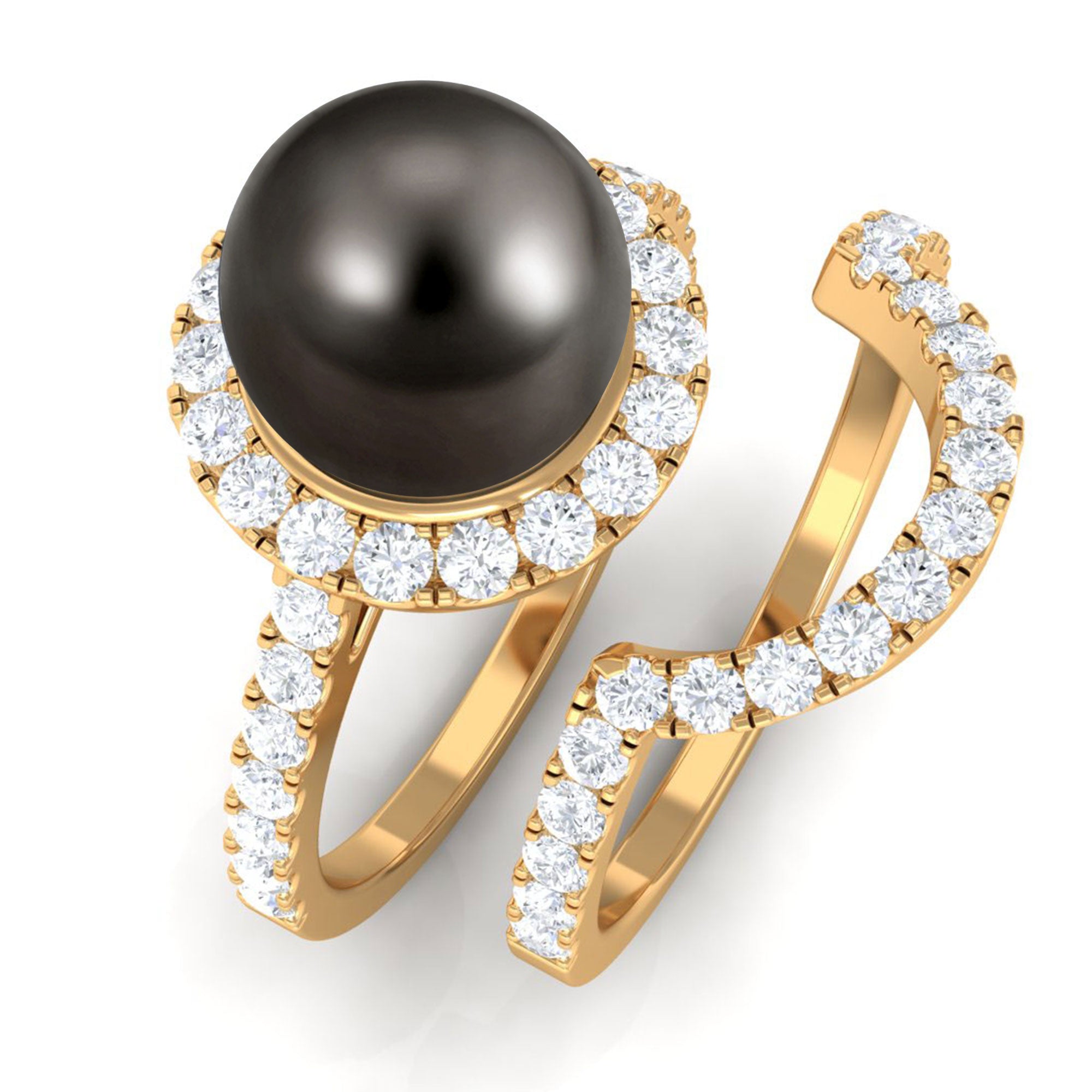 9 CT Tahitian Pearl and Diamond Halo Wedding Ring Set Tahitian pearl - ( AAA ) - Quality - Rosec Jewels