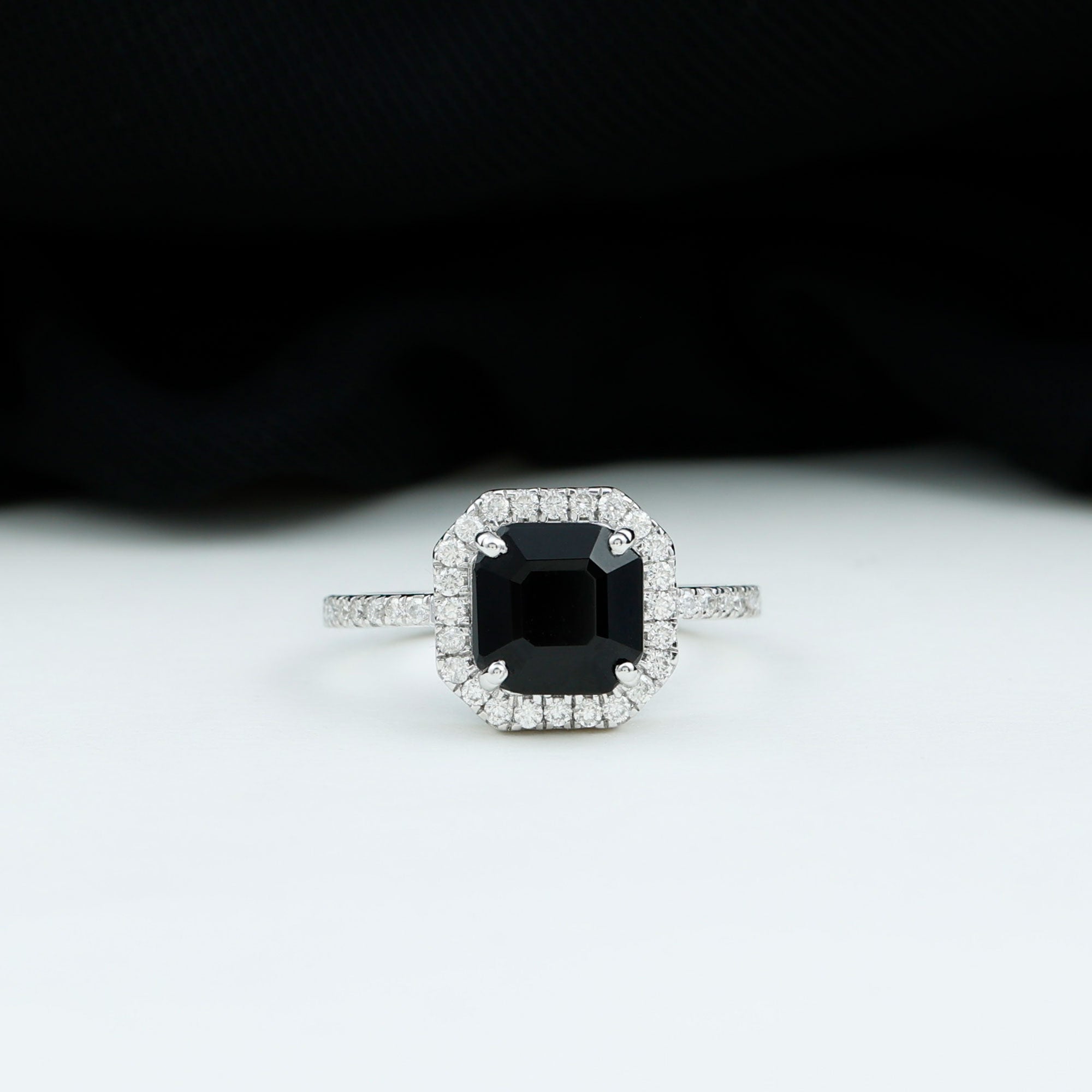 Asscher Cut Black Spinel Halo Engagement Ring with Diamond Black Spinel - ( AAA ) - Quality - Rosec Jewels