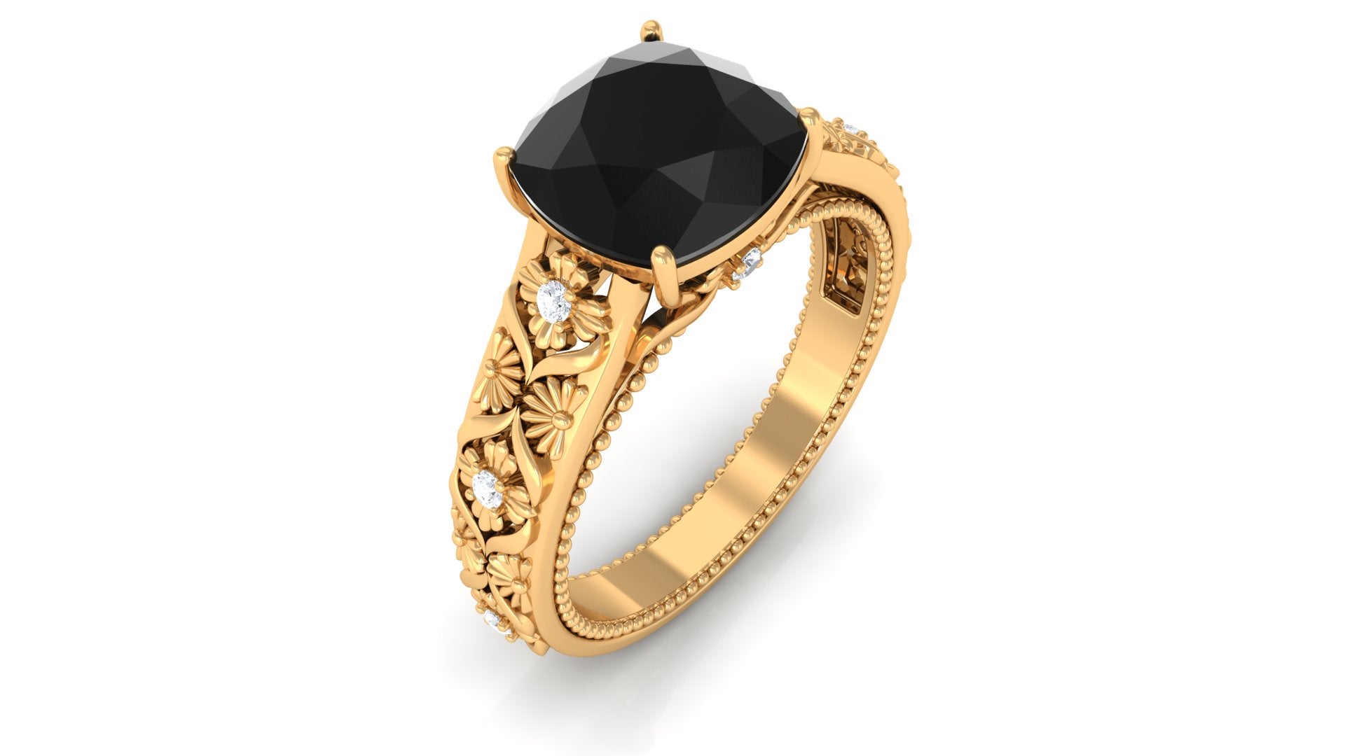 Cushion Cut Solitaire Black Spinel Floral Engagement Ring with Diamond Black Spinel - ( AAA ) - Quality - Rosec Jewels