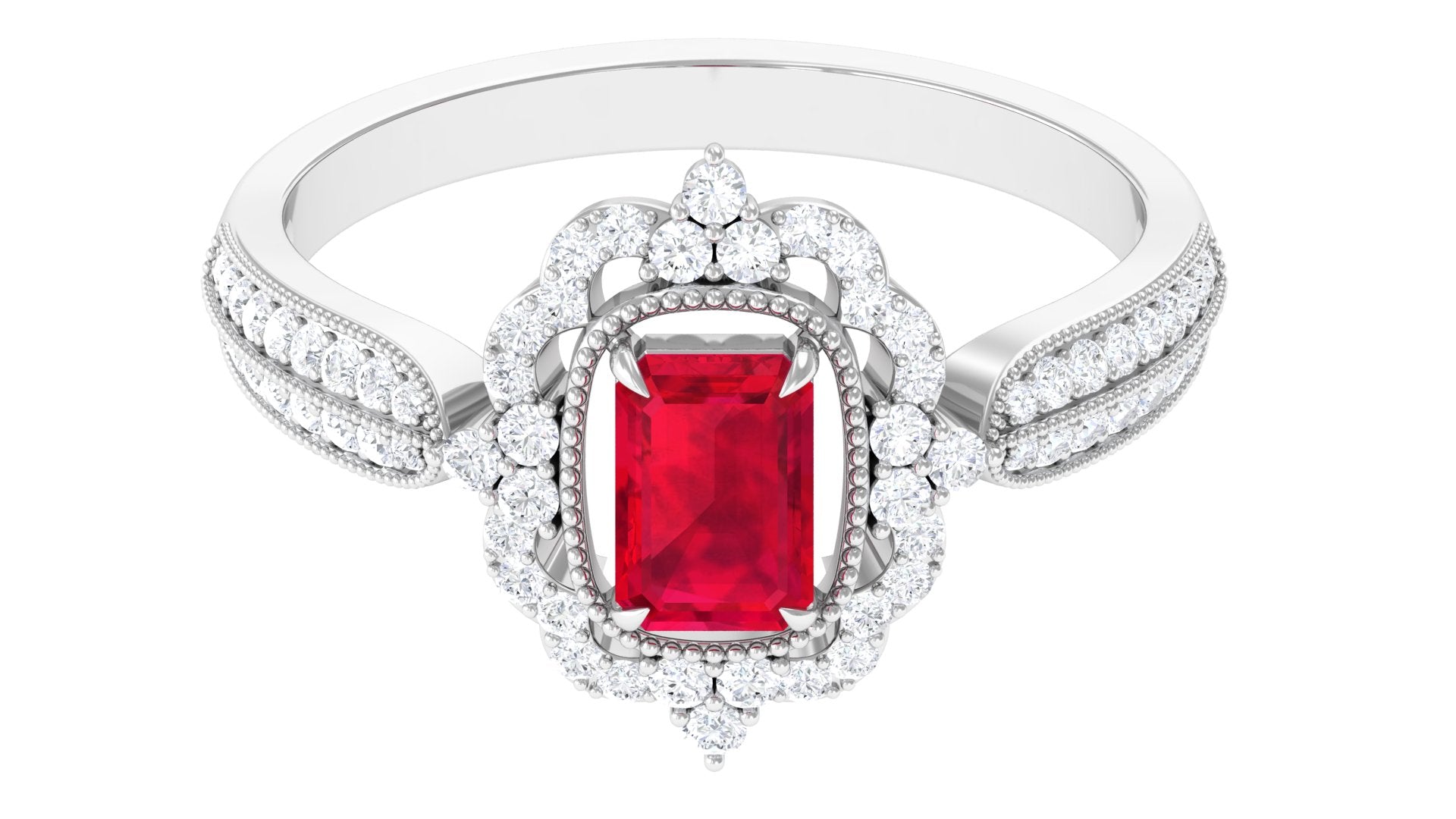 Rosec Jewels-Vintage Style Emerald Cut Created Ruby Engagement Ring with Diamond Floral Halo