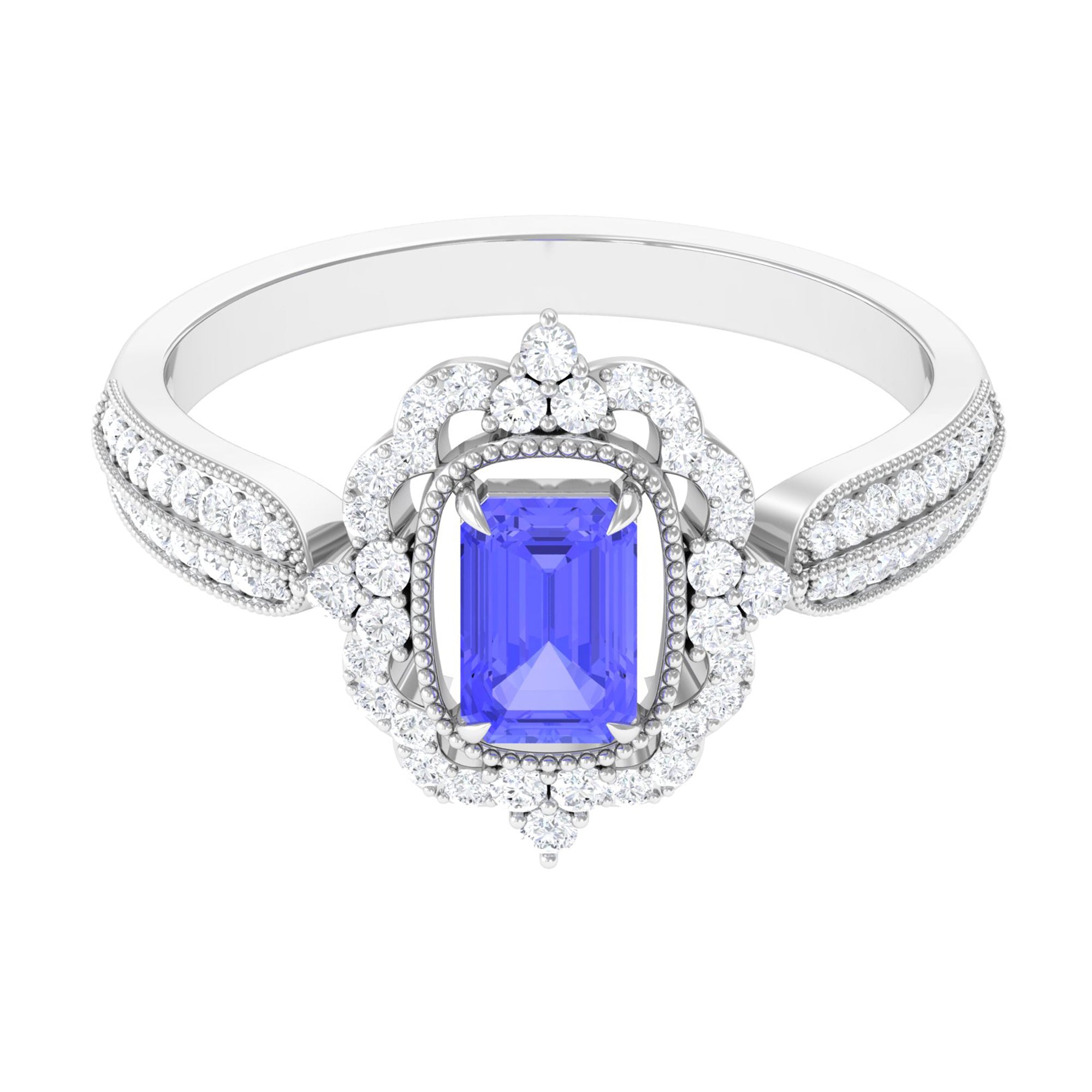 1 CT Vintage Style Emerald Cut Tanzanite Engagement Ring with Diamond Floral Halo Tanzanite - ( AAA ) - Quality - Rosec Jewels