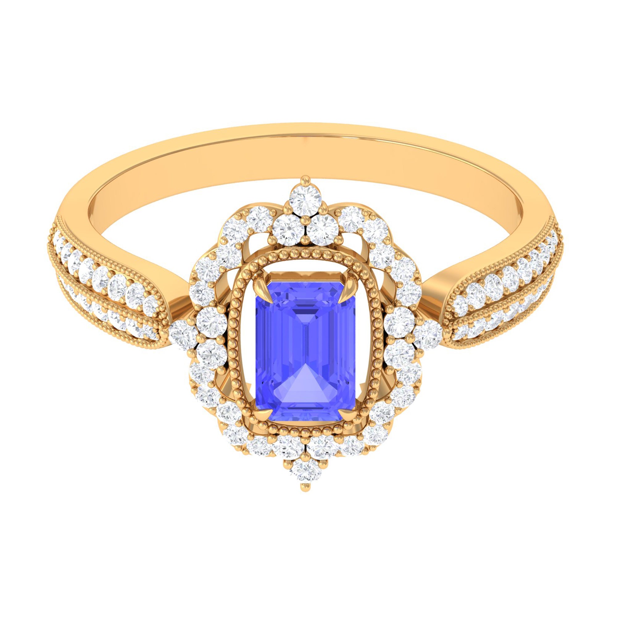 1 CT Vintage Style Emerald Cut Tanzanite Engagement Ring with Diamond Floral Halo Tanzanite - ( AAA ) - Quality - Rosec Jewels