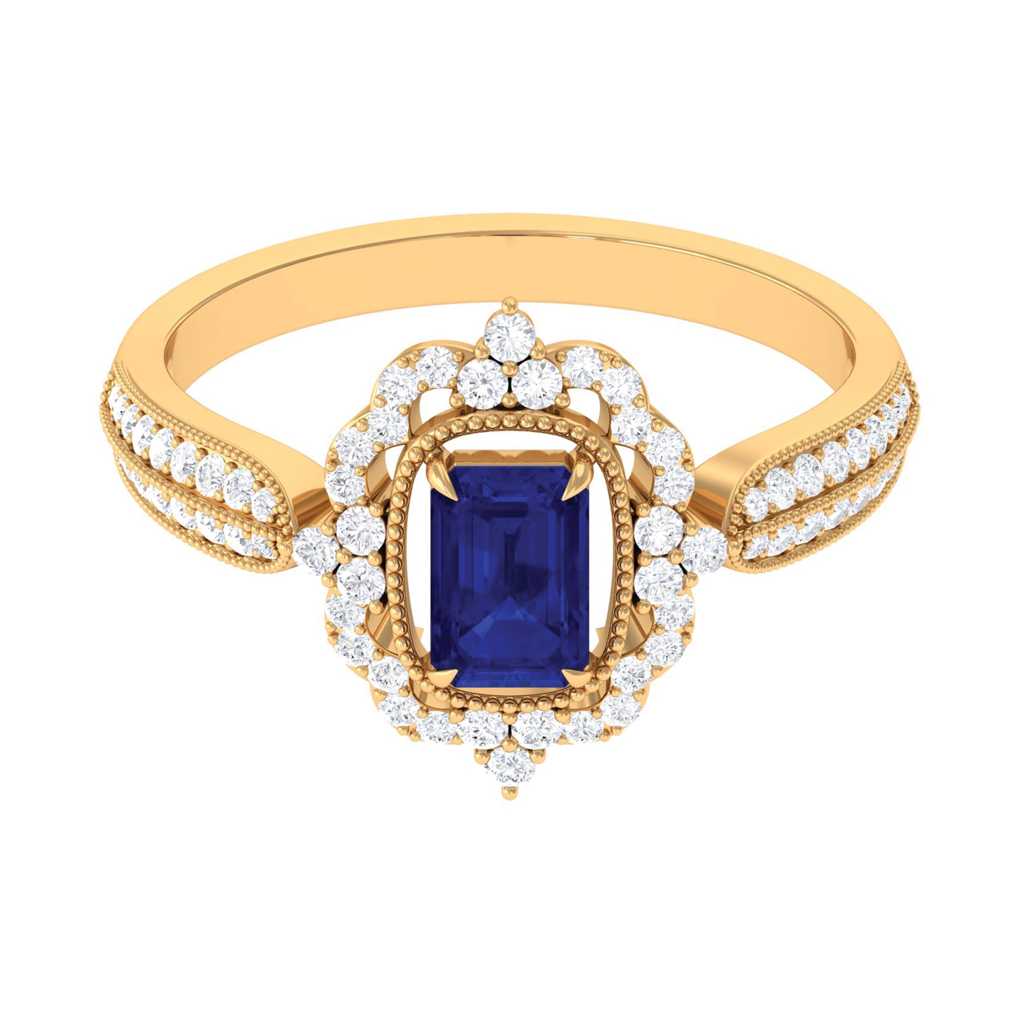 Vintage Style Created Blue Sapphire Engagement Ring with Diamond Floral Halo Lab Created Blue Sapphire - ( AAAA ) - Quality - Rosec Jewels