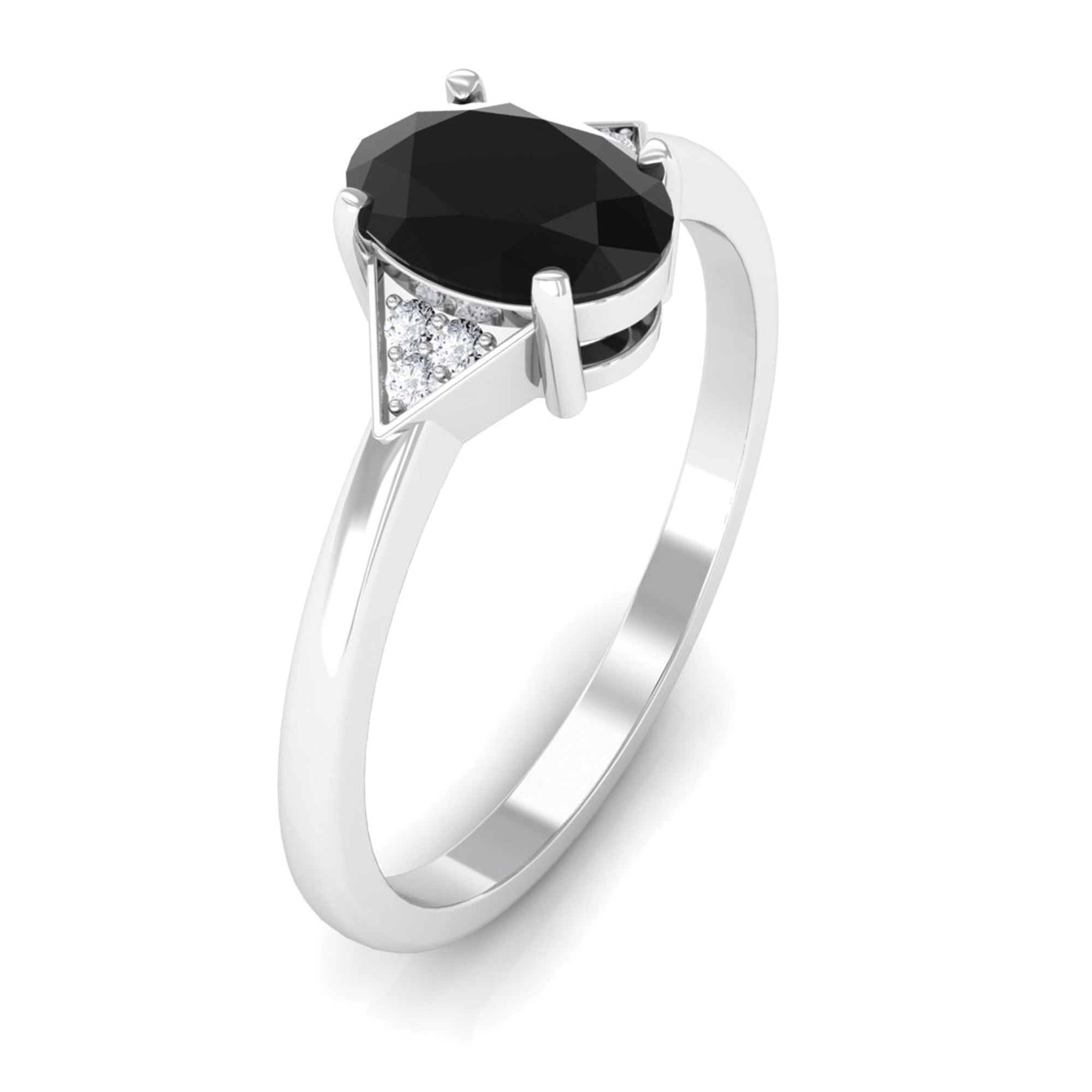 1 CT Oval Cut Black Diamond Solitaire Ring with Diamond Trio Black Diamond - ( AAA ) - Quality - Rosec Jewels