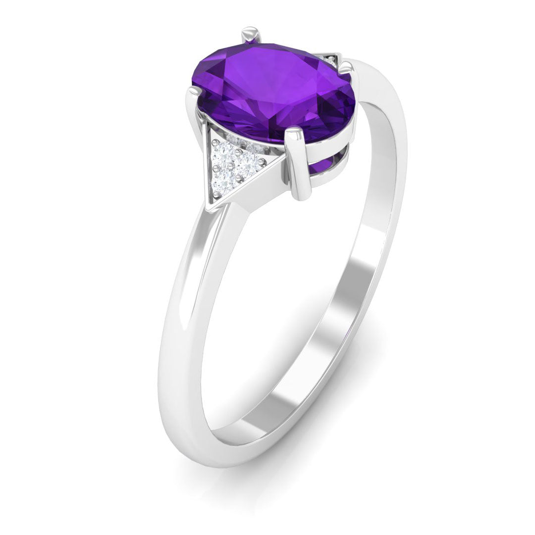 Oval Amethyst Solitaire Engagement Ring with Diamond Accent Amethyst - ( AAA ) - Quality - Rosec Jewels