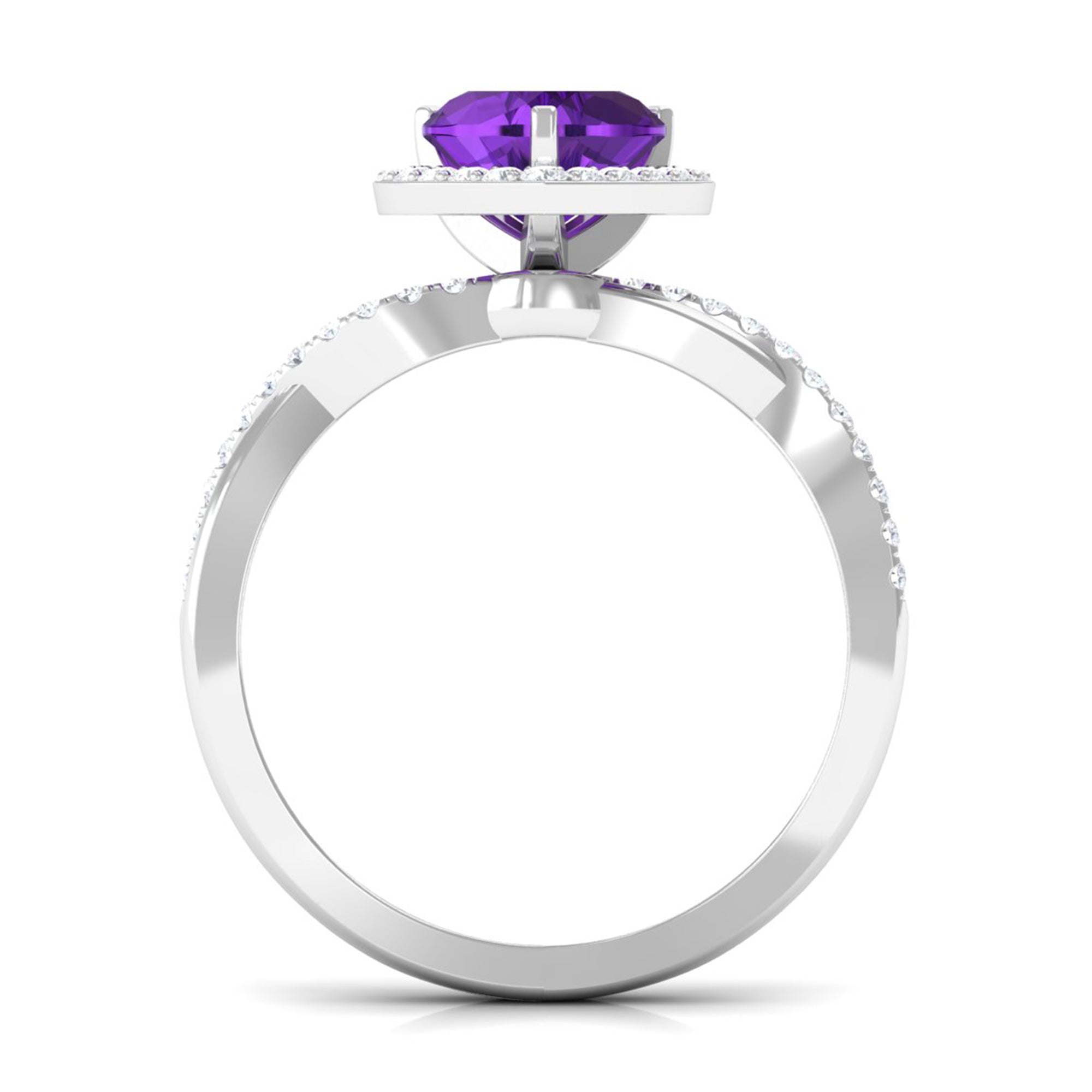 Heart Shape Amethyst Crossover Engagement Ring with Diamond Amethyst - ( AAA ) - Quality - Rosec Jewels