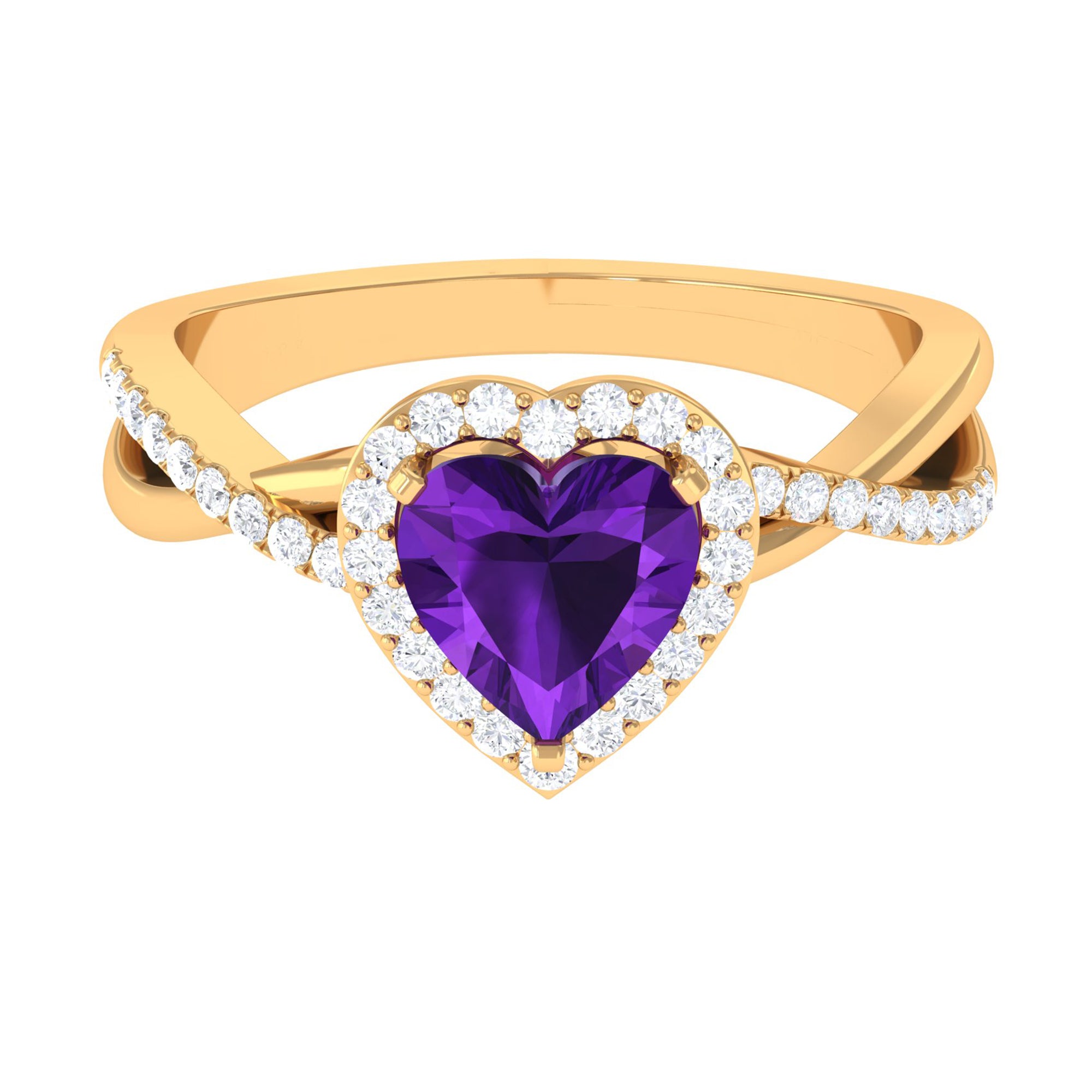 Heart Shape Amethyst Crossover Engagement Ring with Diamond Amethyst - ( AAA ) - Quality - Rosec Jewels