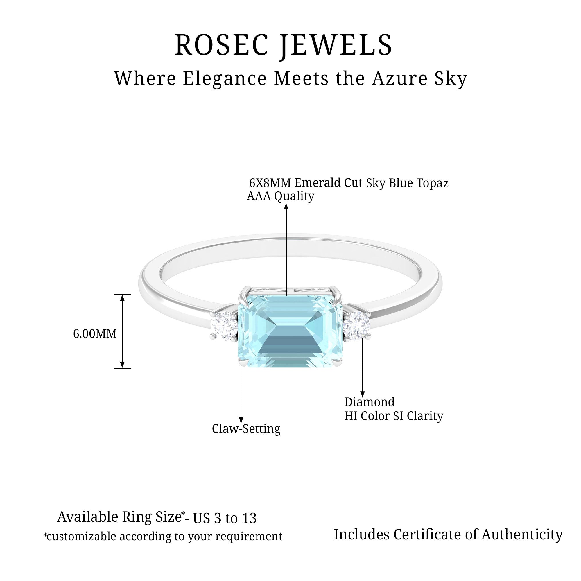 Emerald Cut Sky Blue Topaz East West Engagement Ring with Diamond Sky Blue Topaz - ( AAA ) - Quality - Rosec Jewels