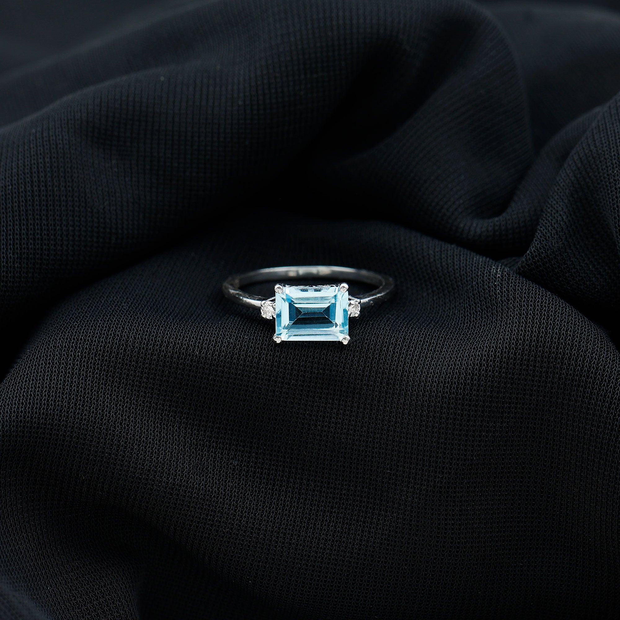 Emerald Cut Sky Blue Topaz East West Engagement Ring with Diamond Sky Blue Topaz - ( AAA ) - Quality - Rosec Jewels