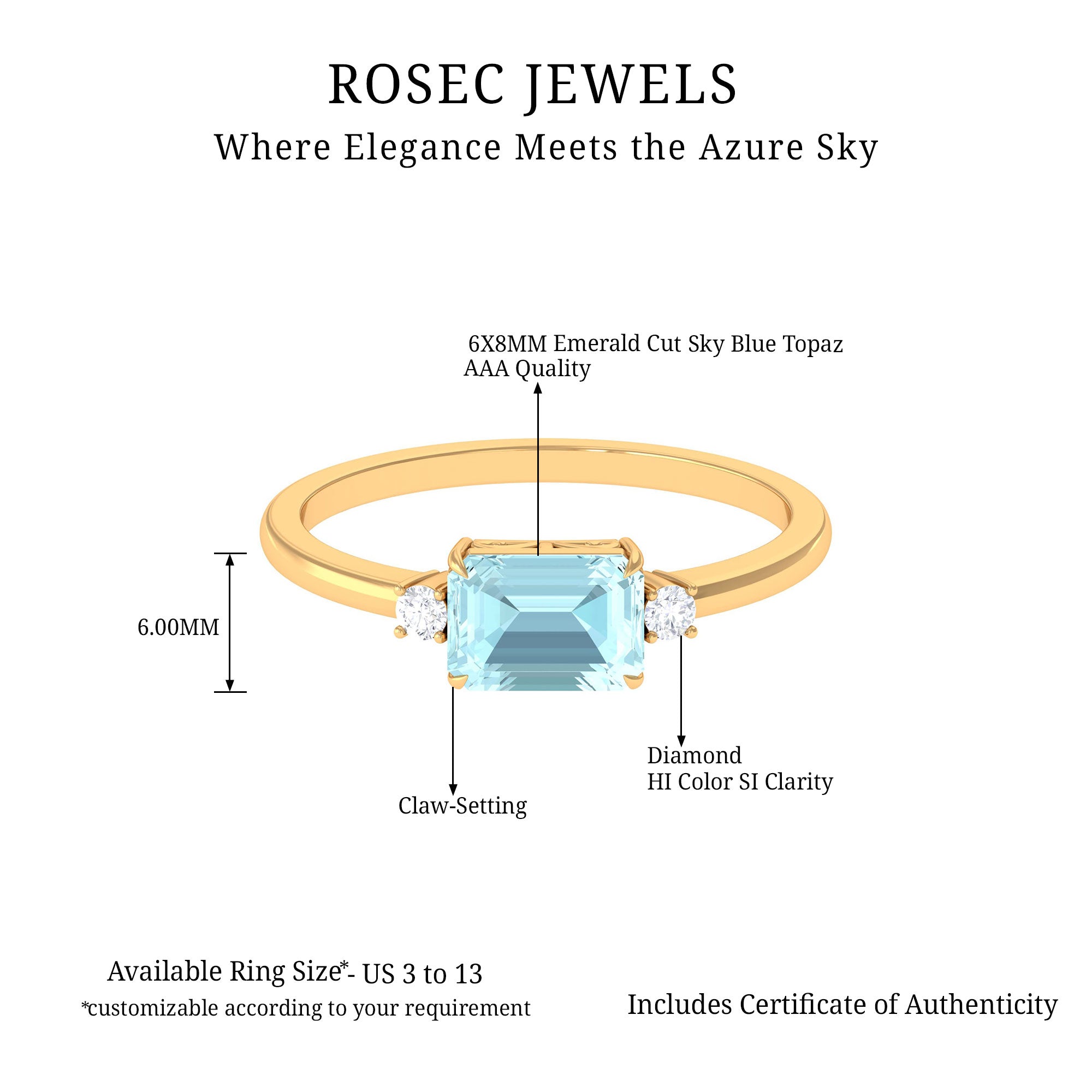 Emerald Cut Sky Blue Topaz East West Engagement Ring with Diamond Sky Blue Topaz - ( AAA ) - Quality - Rosec Jewels