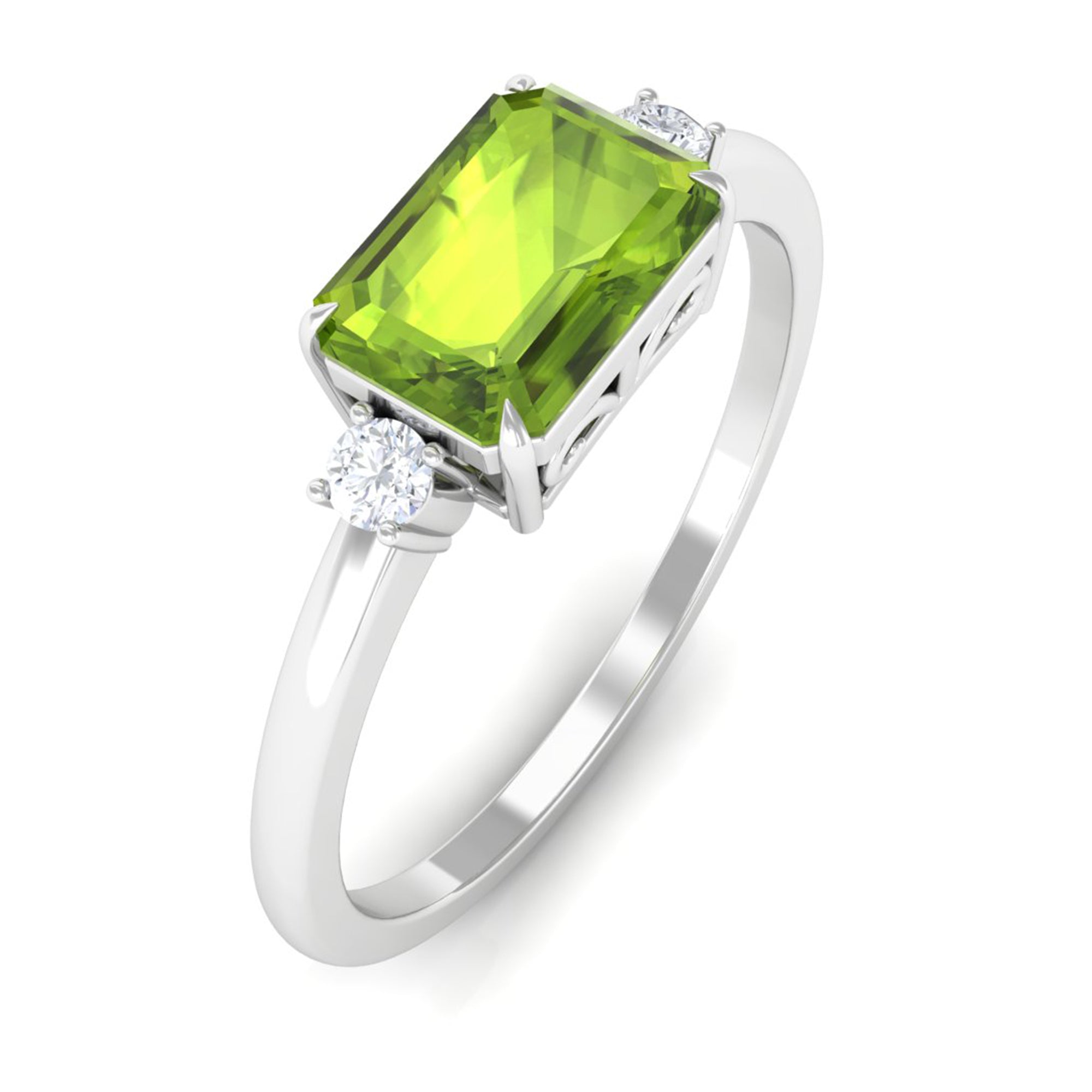 Emerald Cut Peridot East West Engagement Ring with Diamond Peridot - ( AAA ) - Quality - Rosec Jewels