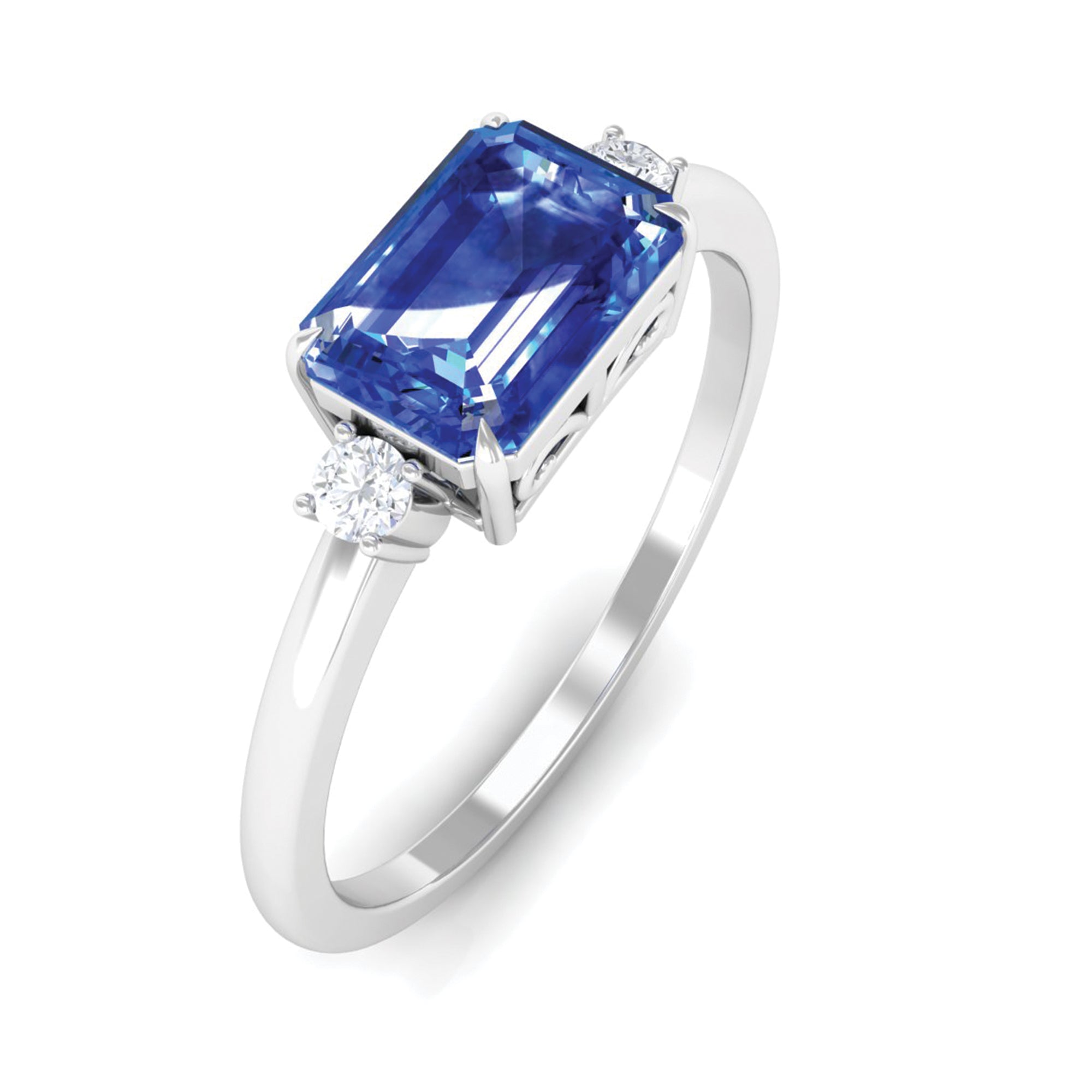 Octagon Cut Created Blue Sapphire East West Engagement Ring with Diamond Lab Created Blue Sapphire - ( AAAA ) - Quality - Rosec Jewels