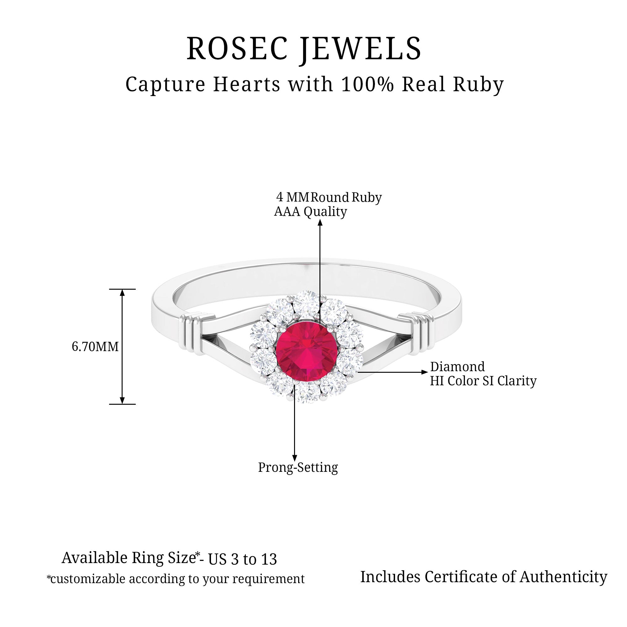 Split Shank Ruby and Diamond Halo Engagement Ring Ruby - ( AAA ) - Quality - Rosec Jewels