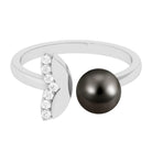 Round Tahitian Pearl Solitaire Cuff Engagement Ring with Diamond Tahitian pearl - ( AAA ) - Quality - Rosec Jewels