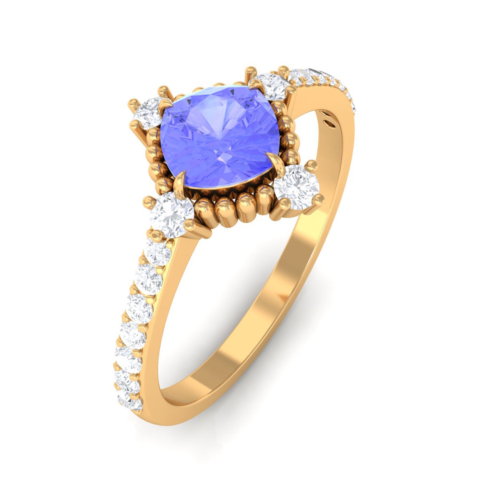 1.75 CT Cushion Tanzanite Solitaire Engagement Ring with Diamond Side Stones Tanzanite - ( AAA ) - Quality - Rosec Jewels