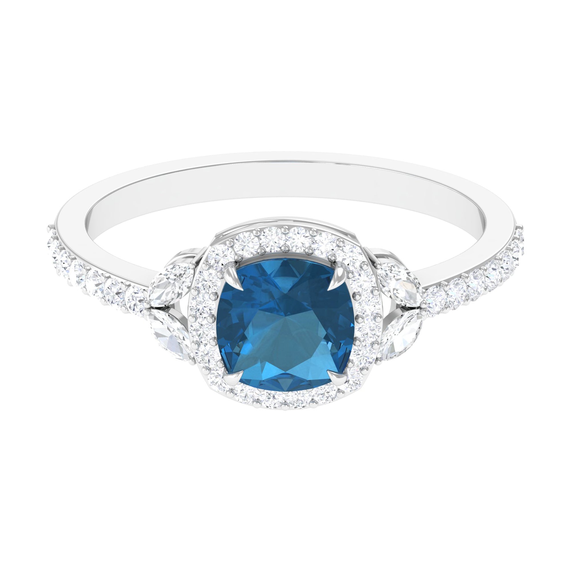 Natural London Blue Topaz Halo Engagement Ring with Diamond London Blue Topaz - ( AAA ) - Quality - Rosec Jewels