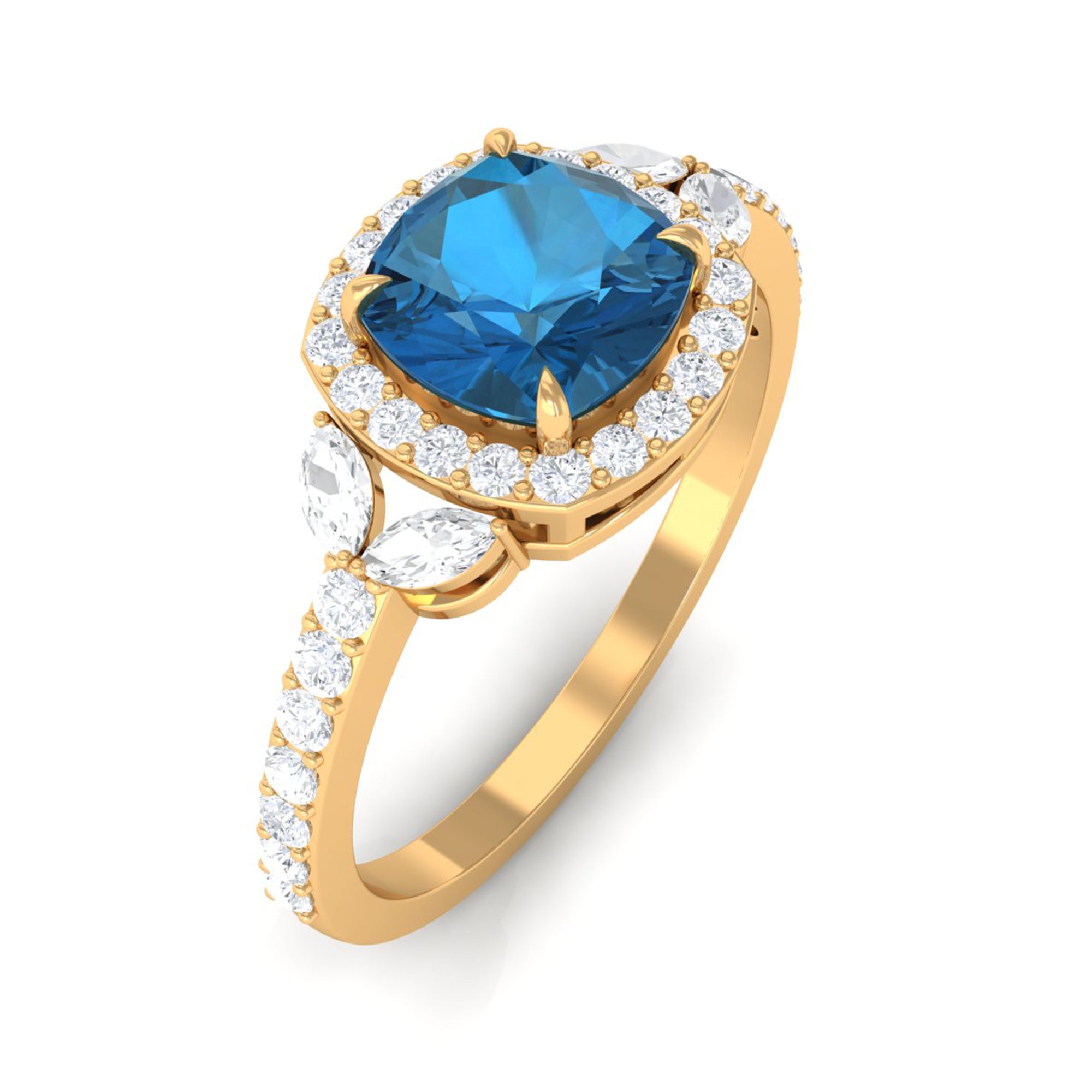 Natural London Blue Topaz Halo Engagement Ring with Diamond London Blue Topaz - ( AAA ) - Quality - Rosec Jewels