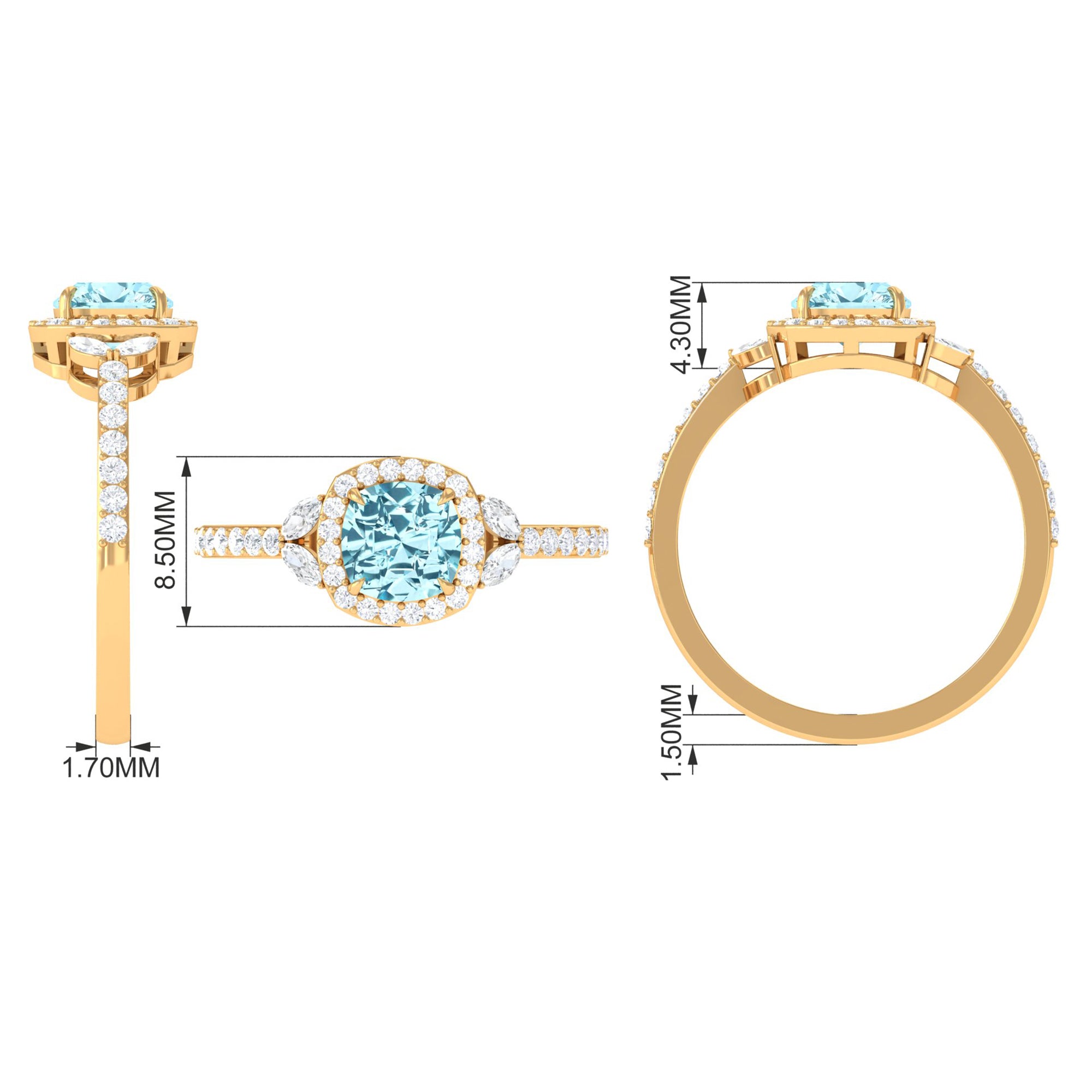 Real Aquamarine Halo Engagement Ring with Diamond Aquamarine - ( AAA ) - Quality - Rosec Jewels