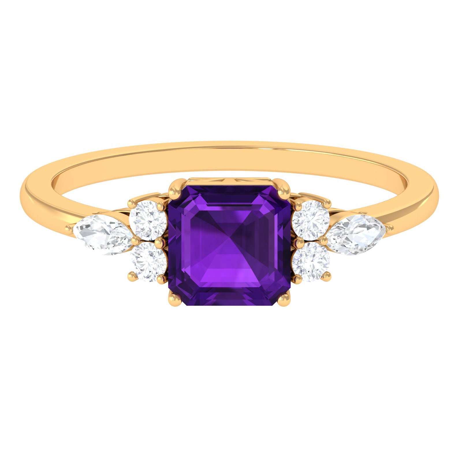 Asscher Cut Amethyst Solitaire Engagement Ring with Diamond Trio Amethyst - ( AAA ) - Quality - Rosec Jewels