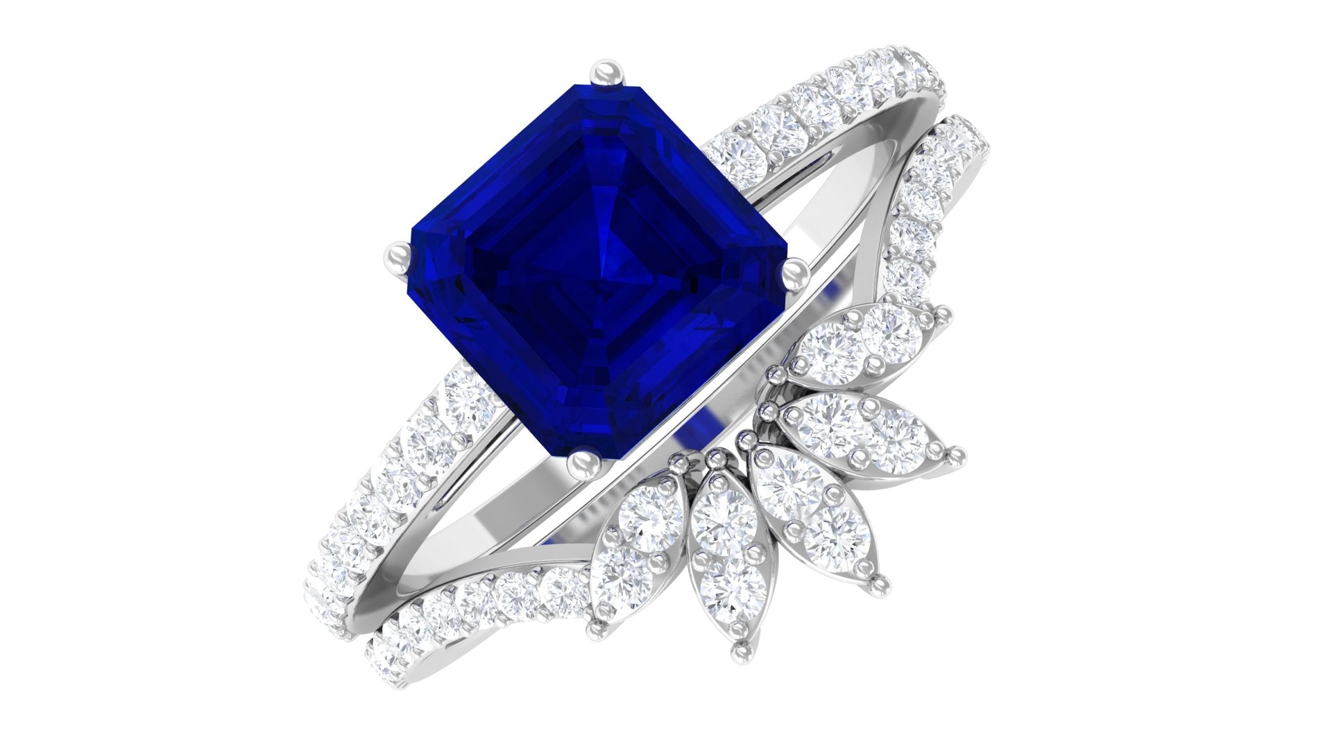 Asscher Cut Created Blue Sapphire Solitaire Wedding Ring Set with Diamond Accent Lab Created Blue Sapphire - ( AAAA ) - Quality - Rosec Jewels