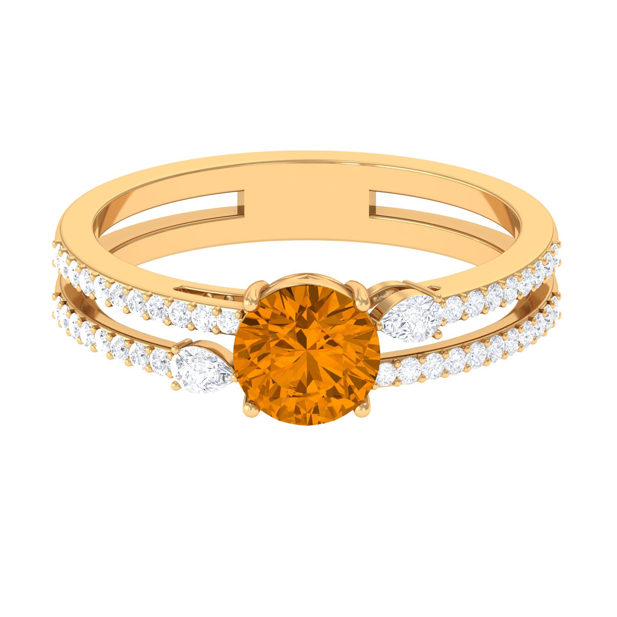 Solitaire Citrine Double Band Engagement Ring with Diamond Citrine - ( AAA ) - Quality - Rosec Jewels