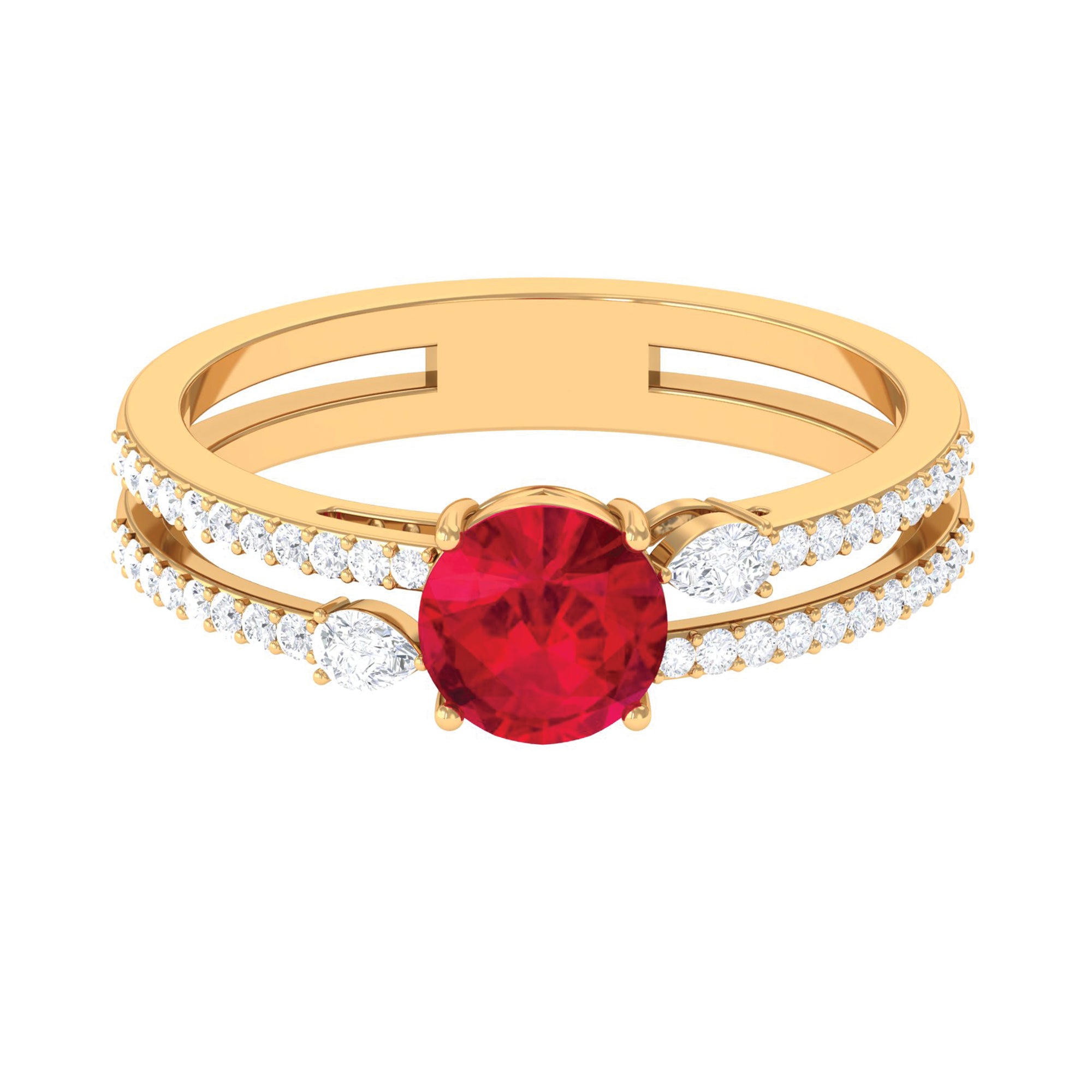 Solitaire Created Ruby Double Band Engagement Ring with Diamond Lab Created Ruby - ( AAAA ) - Quality - Rosec Jewels