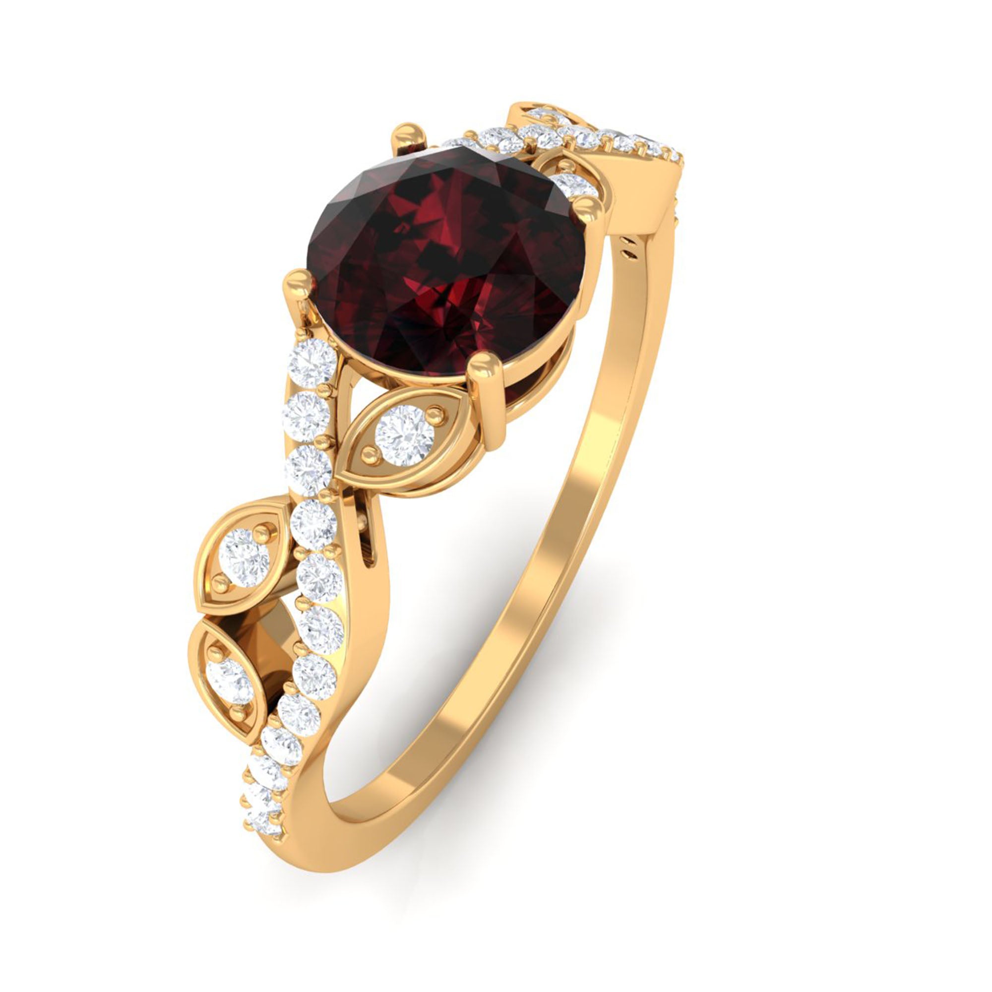 Round Garnet Designer Engagement Ring with Diamond Garnet - ( AAA ) - Quality - Rosec Jewels