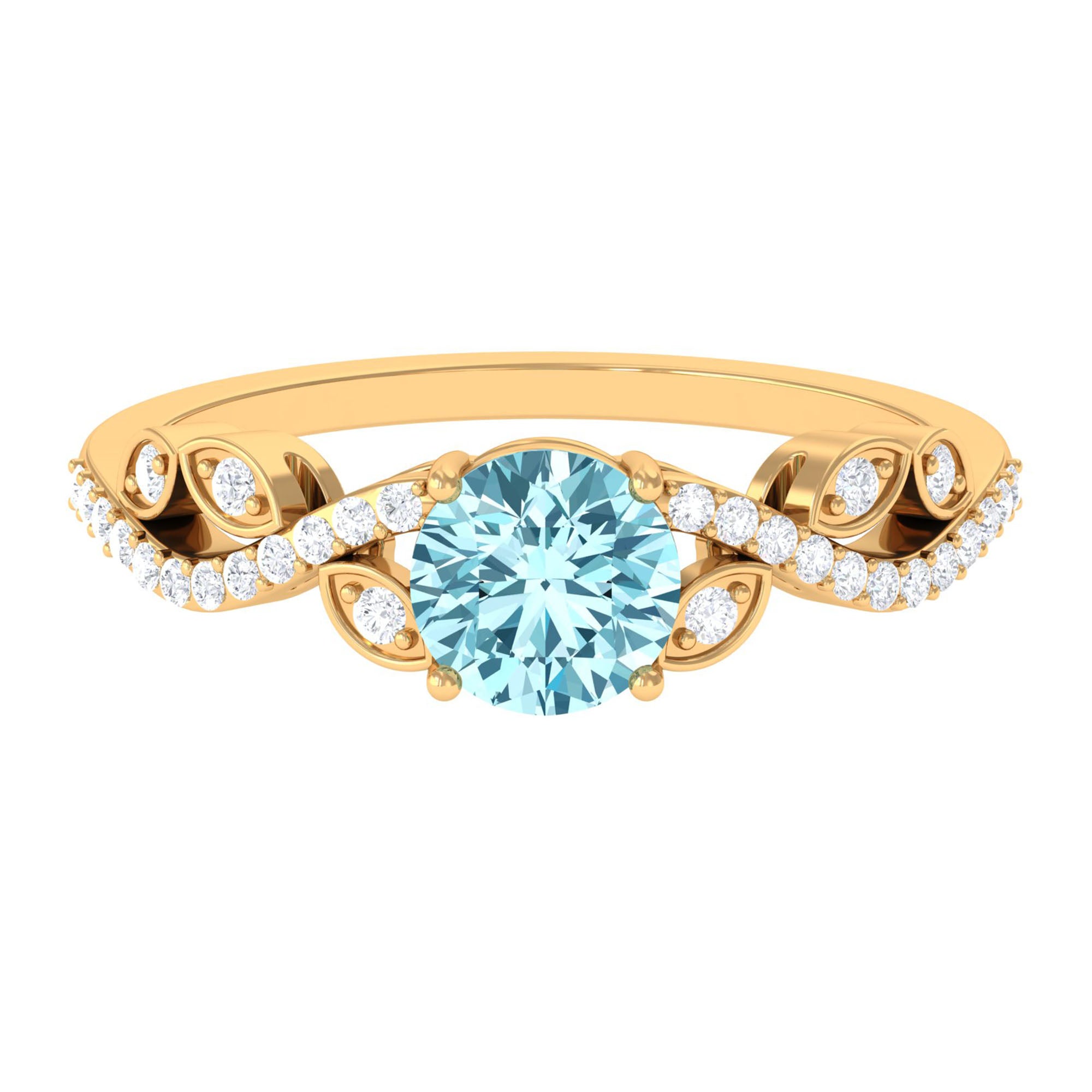 Round Shape Aquamarine Designer Engagement Ring with Diamond Aquamarine - ( AAA ) - Quality - Rosec Jewels