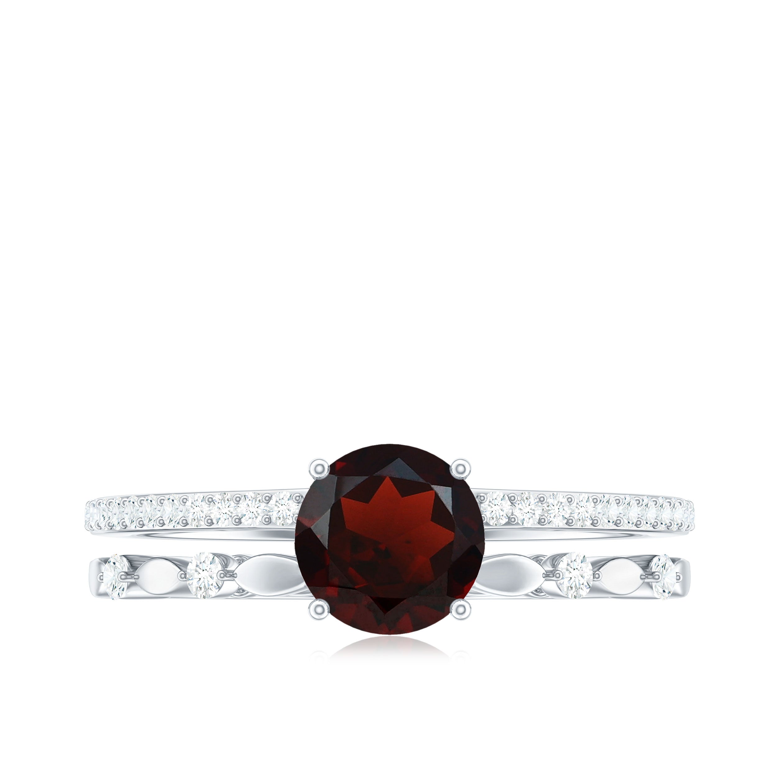 Solitaire Garnet Engagement Double Band Ring with Diamond Garnet - ( AAA ) - Quality - Rosec Jewels