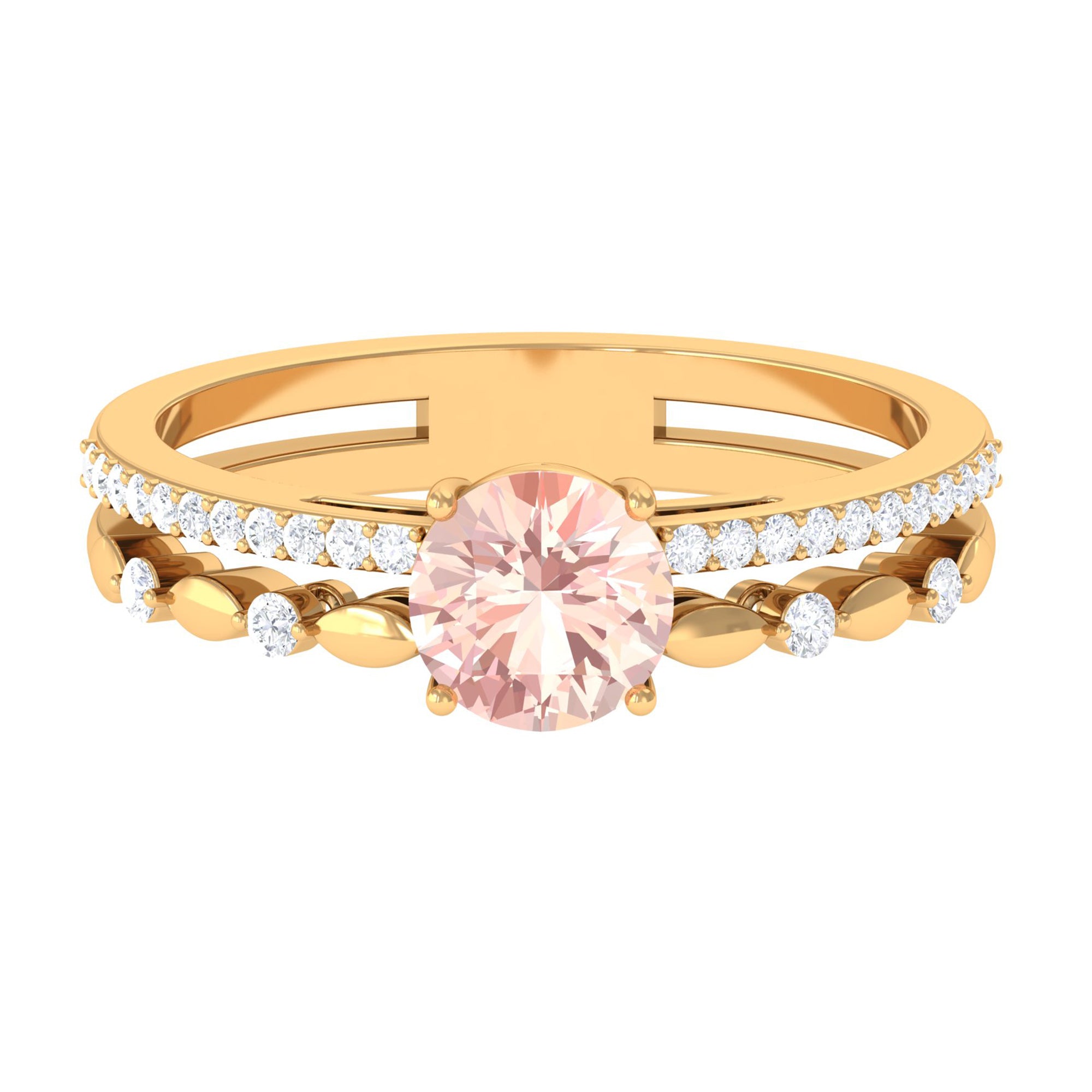 Round Shape Morganite Solitaire Double Band Ring with Diamond Morganite - ( AAA ) - Quality - Rosec Jewels