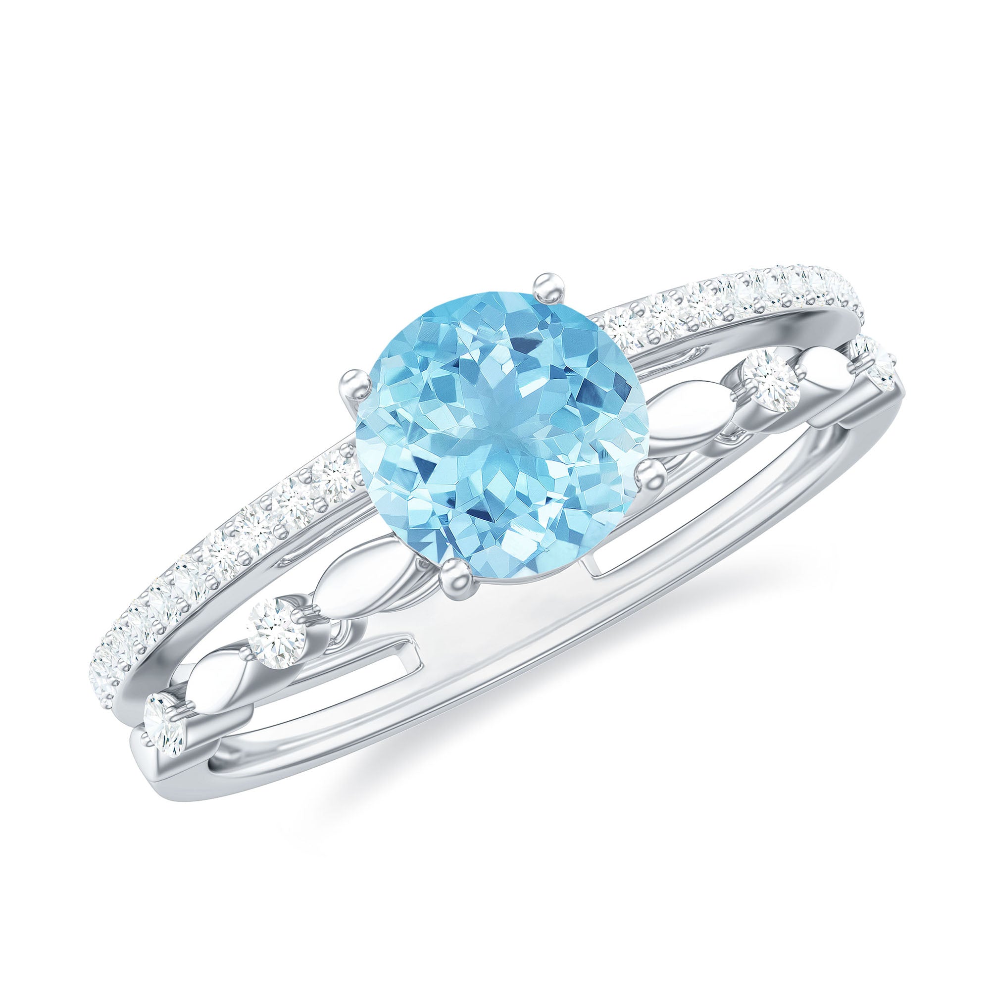 Solitaire Aquamarine and Diamond Double Band Ring Aquamarine - ( AAA ) - Quality - Rosec Jewels