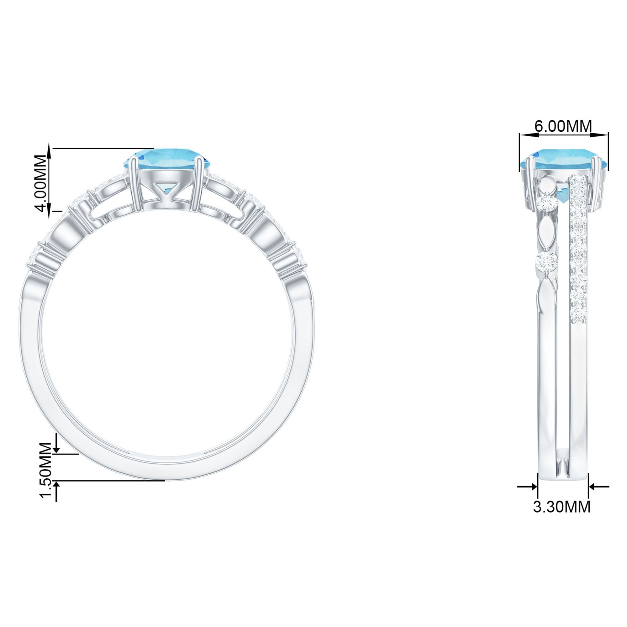 Solitaire Aquamarine and Diamond Double Band Ring Aquamarine - ( AAA ) - Quality - Rosec Jewels