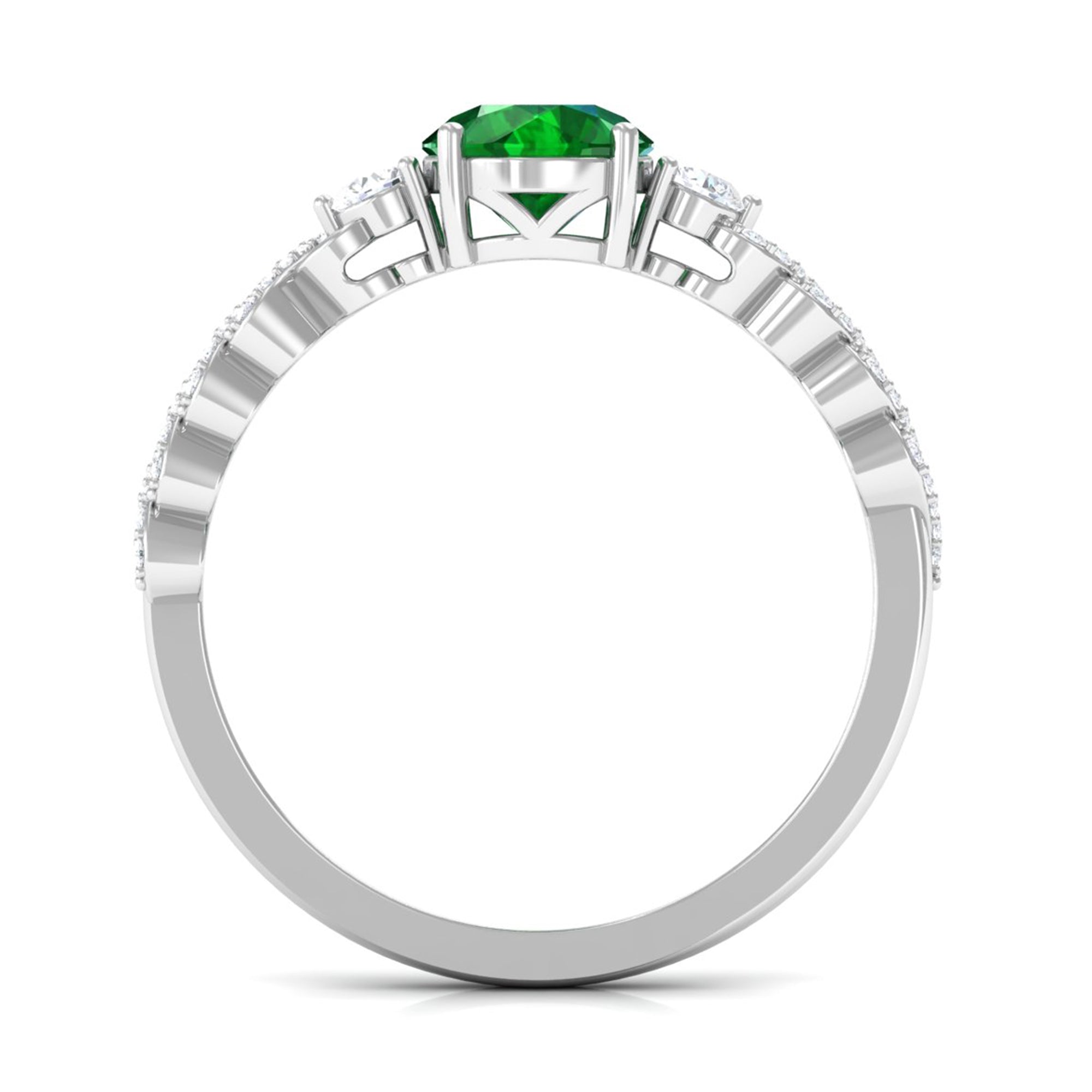 Round Shape Created Emerald Designer Engagement Ring with Diamond Side Stones Lab Created Emerald - ( AAAA ) - Quality - Rosec Jewels