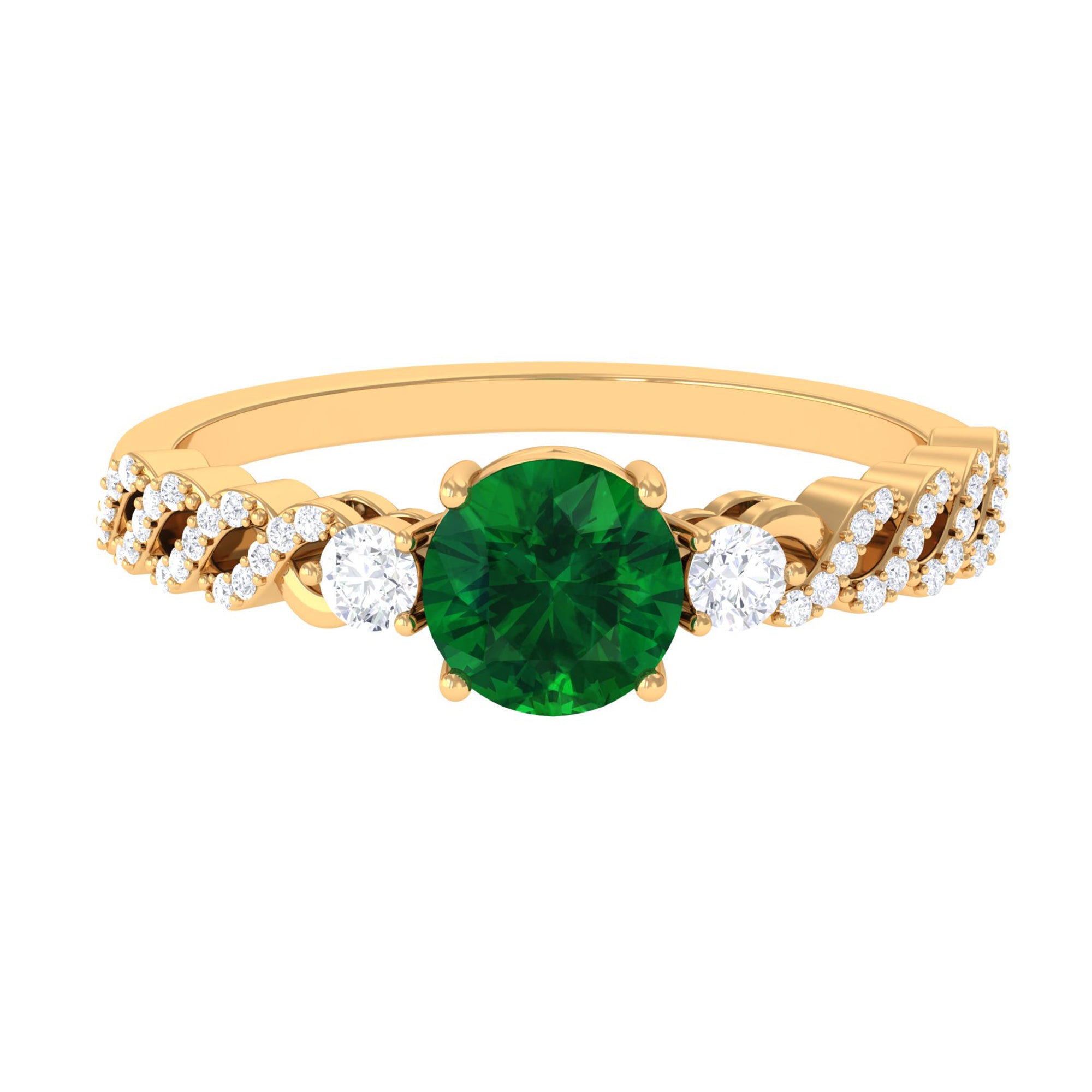 Round Shape Created Emerald Designer Engagement Ring with Diamond Side Stones Lab Created Emerald - ( AAAA ) - Quality - Rosec Jewels