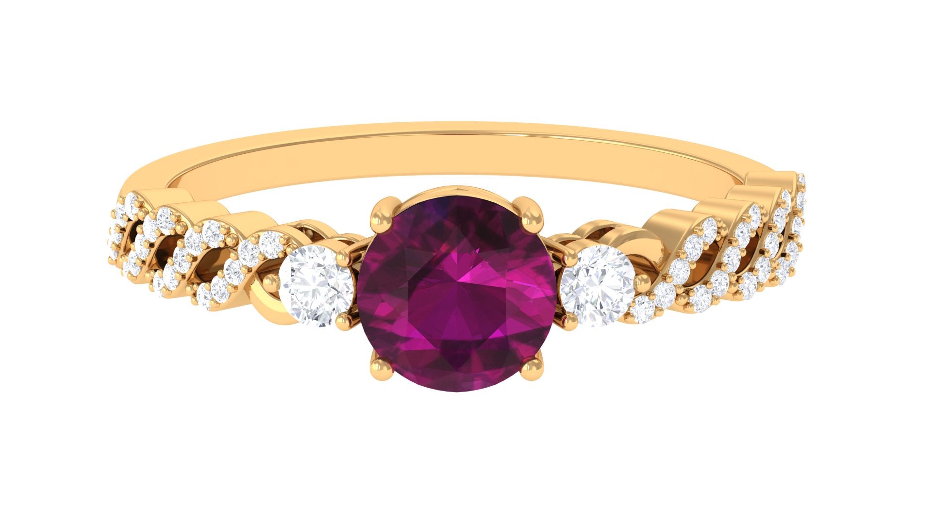 1.25 CT Round Rhodolite Solitaire Engagement Ring with Diamond Accent Rhodolite - ( AAA ) - Quality - Rosec Jewels