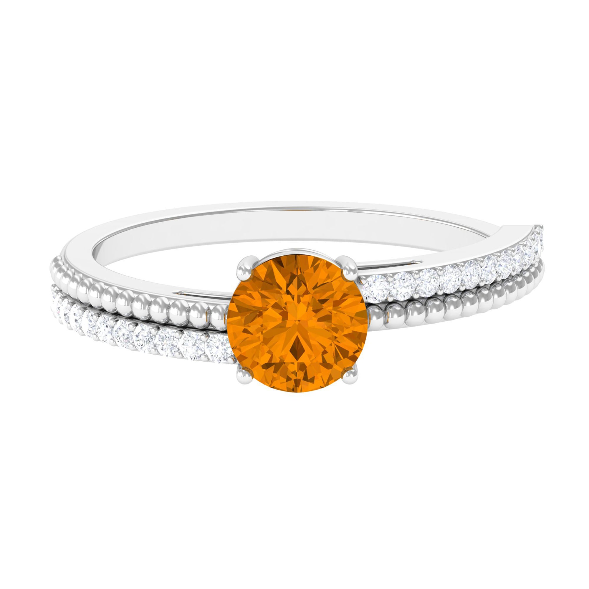 Round Citrine Solitaire Engagement Ring with Diamond Citrine - ( AAA ) - Quality - Rosec Jewels